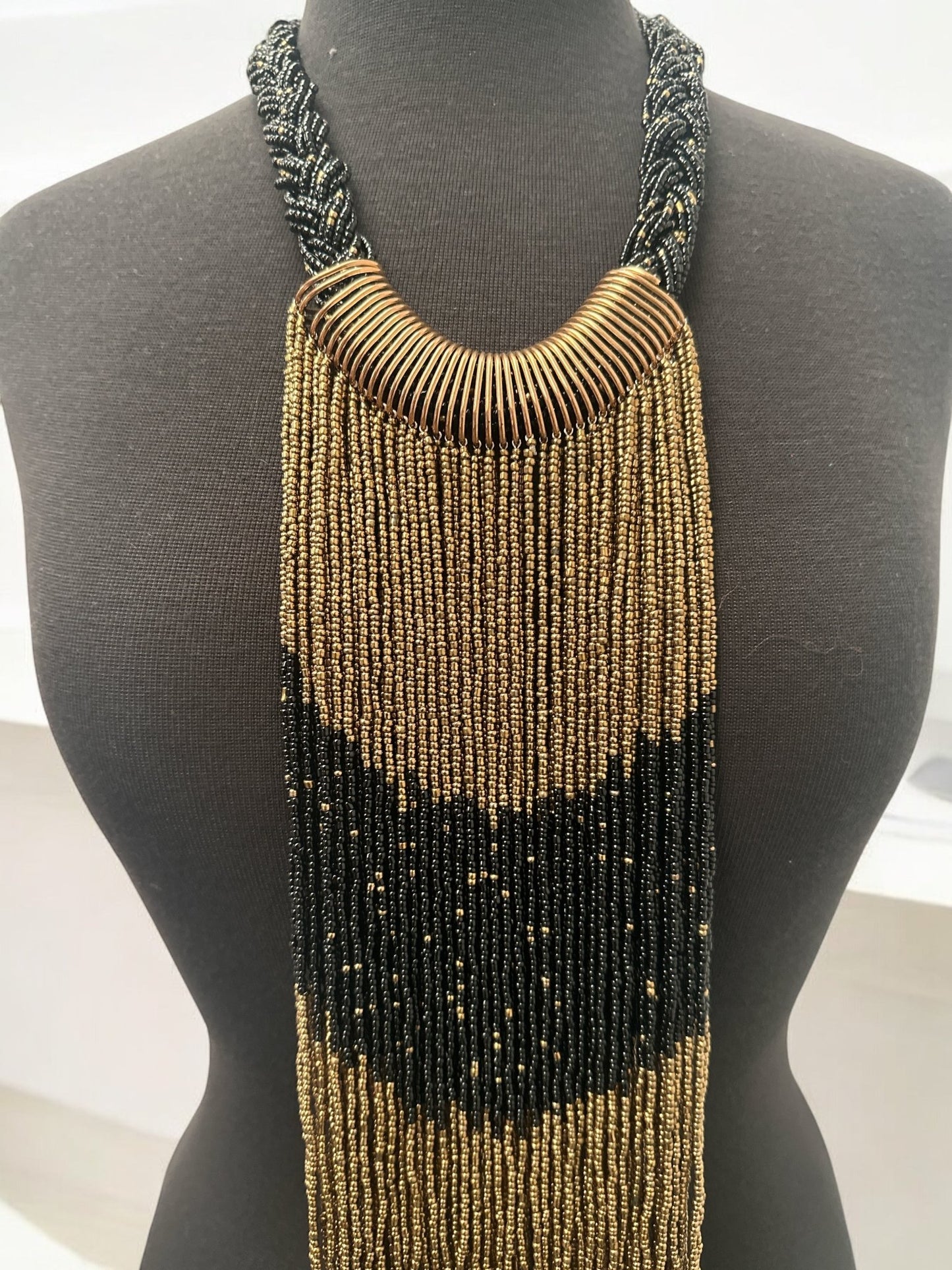 Gold & Black African Beaded Necklace – Handmade Ethnic Fringe Jewellery - Fatisha Boutique