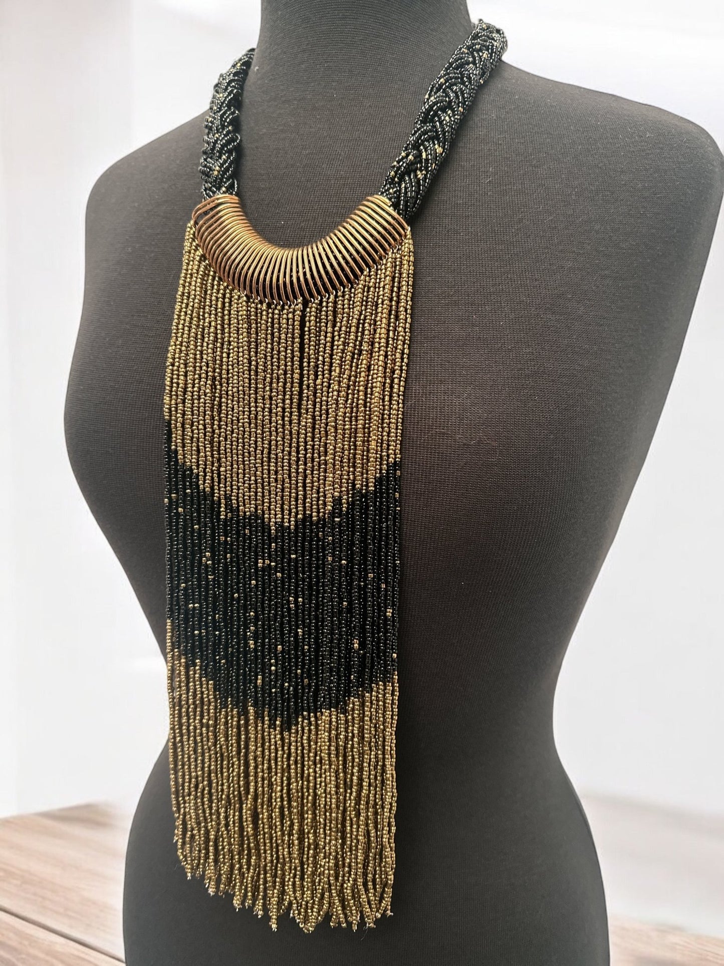 Gold & Black African Beaded Necklace – Handmade Ethnic Fringe Jewellery - Fatisha Boutique