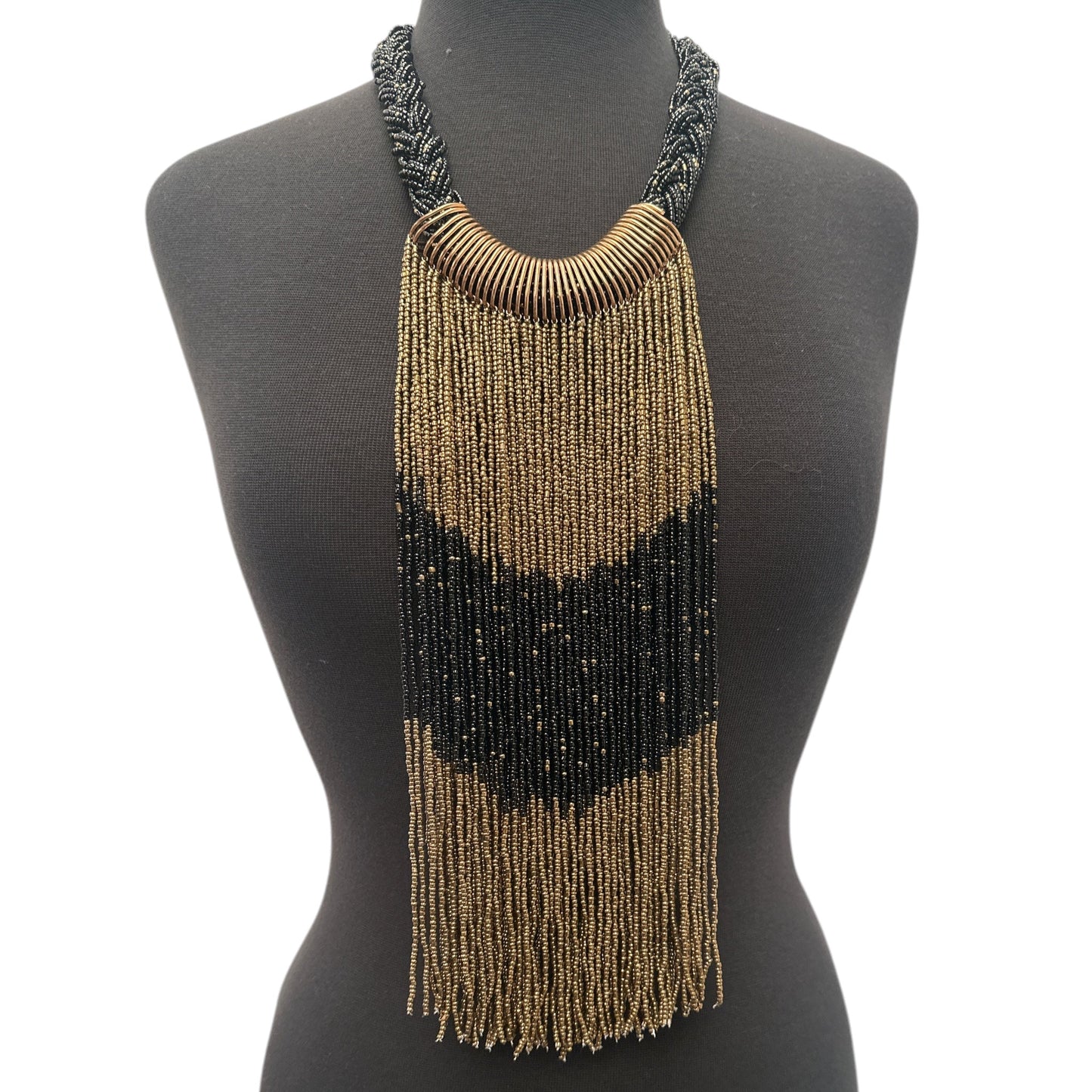 Gold & Black African Beaded Necklace – Handmade Ethnic Fringe Jewellery - Fatisha Boutique