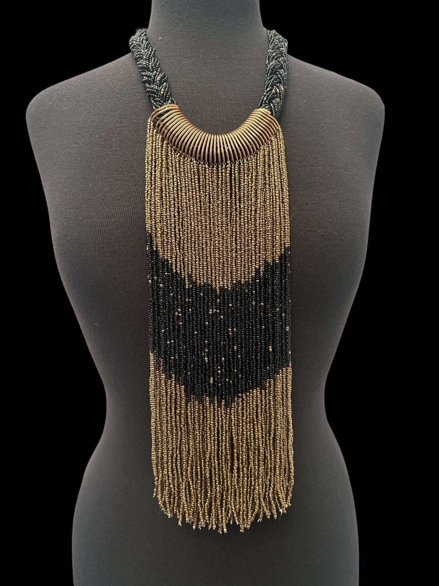 Gold & Black African Beaded Necklace – Handmade Ethnic Fringe Jewellery - Fatisha Boutique