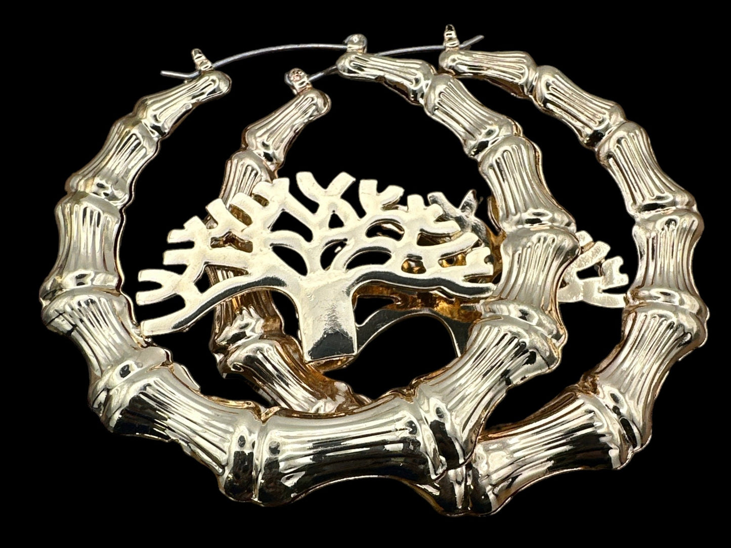 Gold Colour 7CM Chunky Tree Designed Bamboo Hoop Earrings11 - Fatisha Boutique