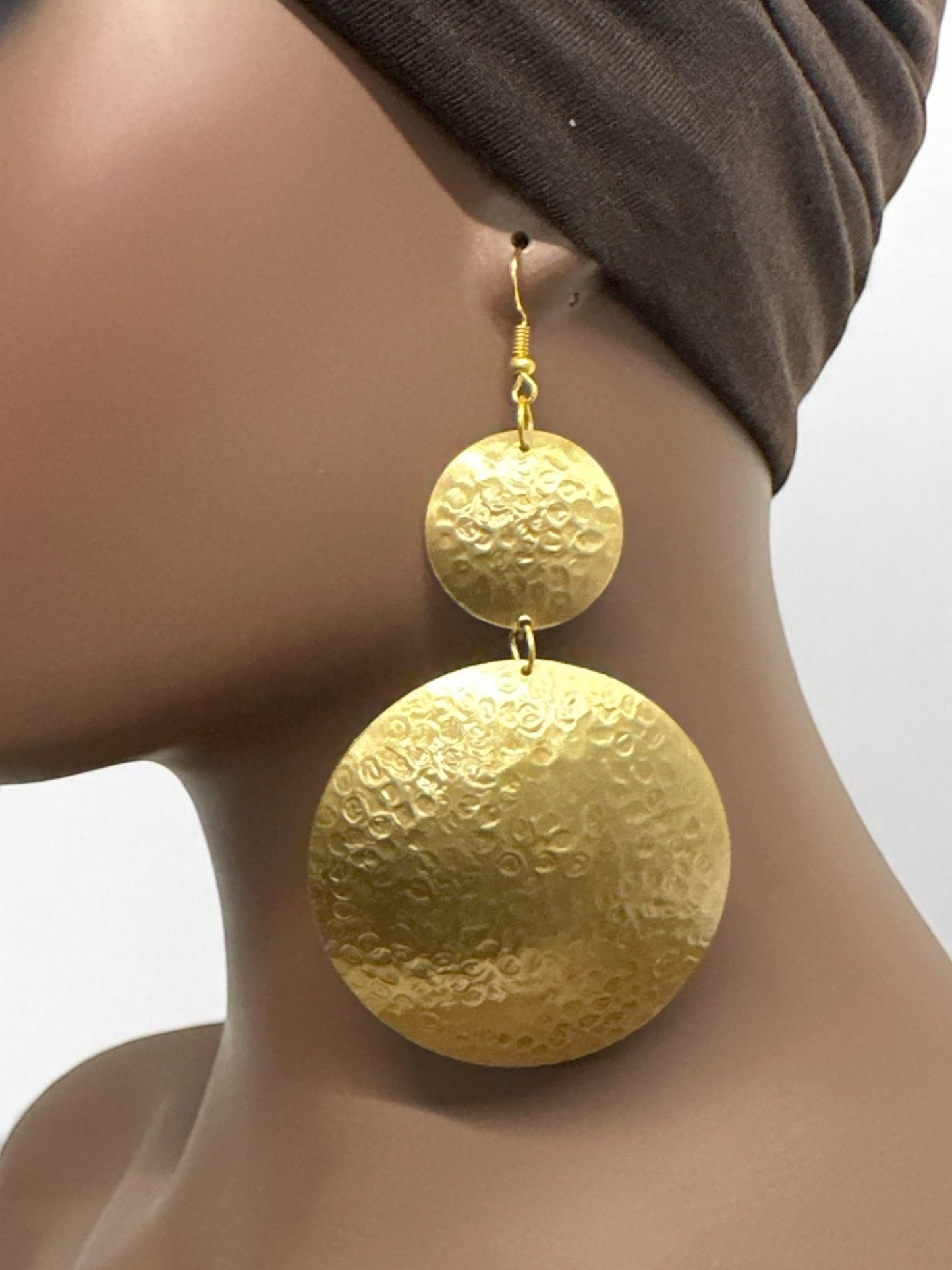 Gold Textured Double Disc Dangle Earrings - Fatisha Boutique
