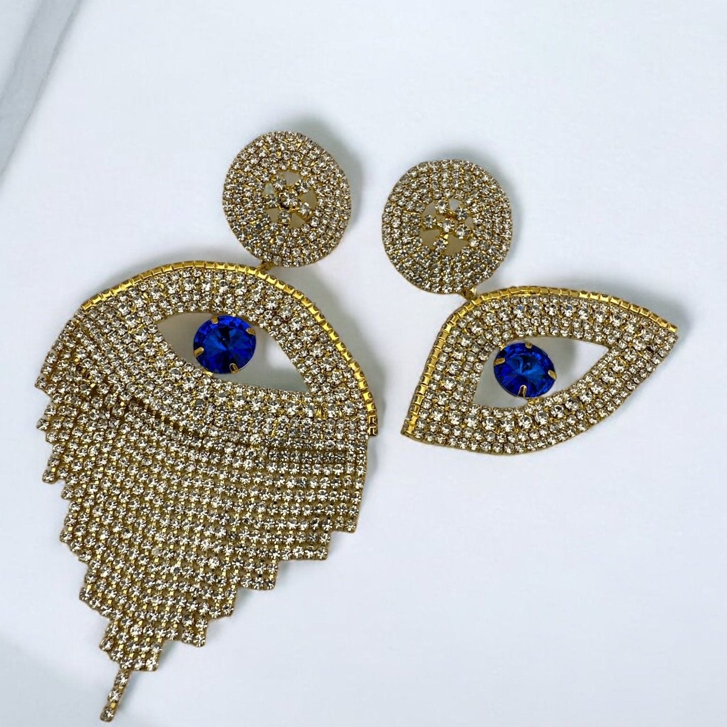 Gorgeous Asymmetrical Evil Eye Rhinestone Tassel Statement Stud Earrings - Fatisha Boutique