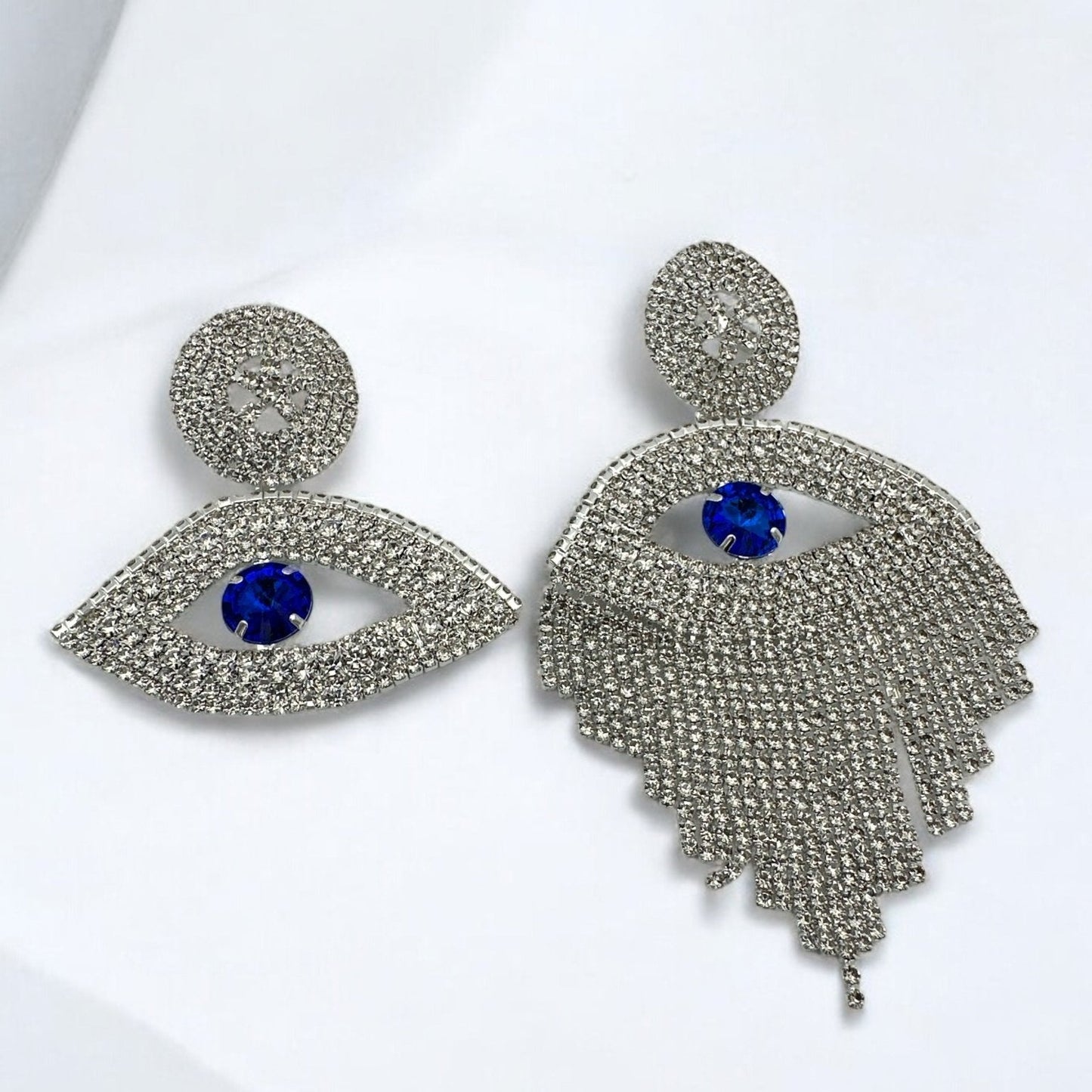 Gorgeous Asymmetrical Evil Eye Rhinestone Tassel Statement Stud Earrings - Fatisha Boutique