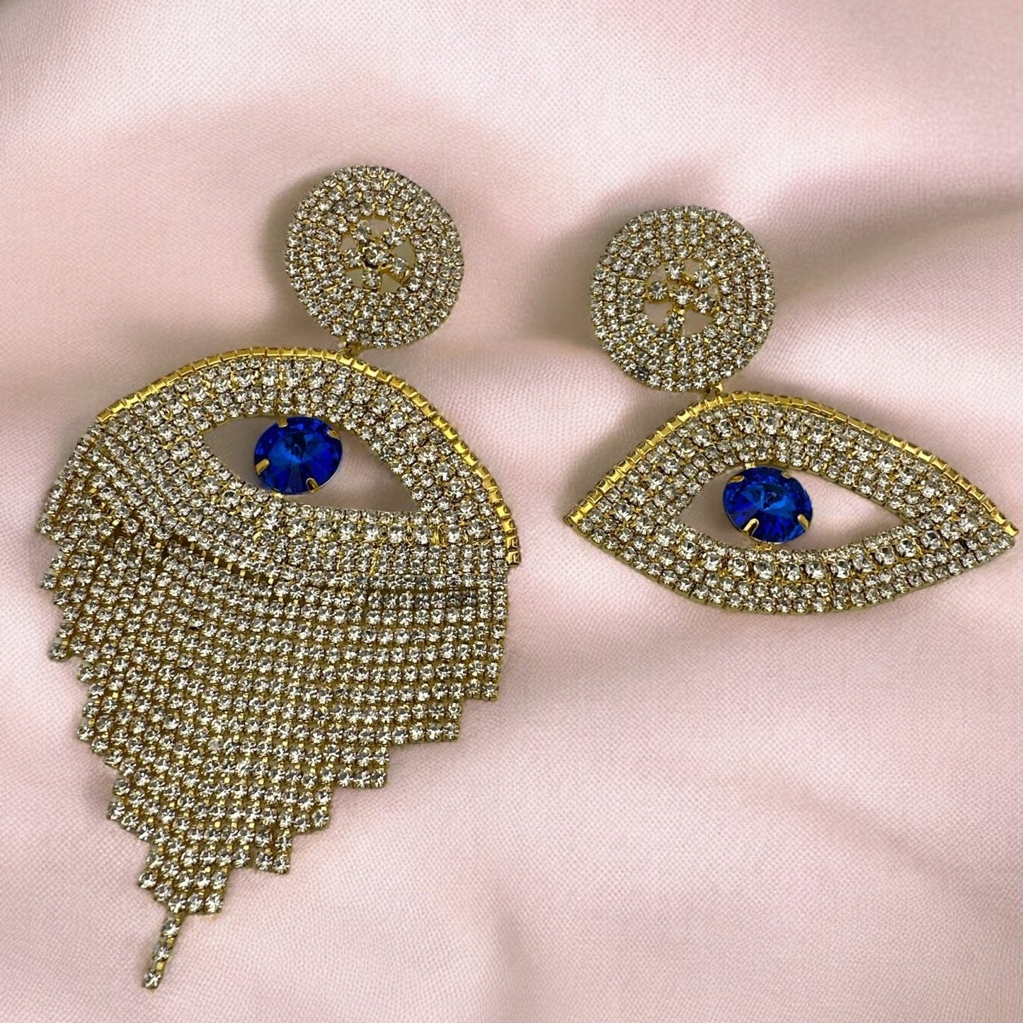Gorgeous Asymmetrical Evil Eye Rhinestone Tassel Statement Stud Earrings - Fatisha Boutique