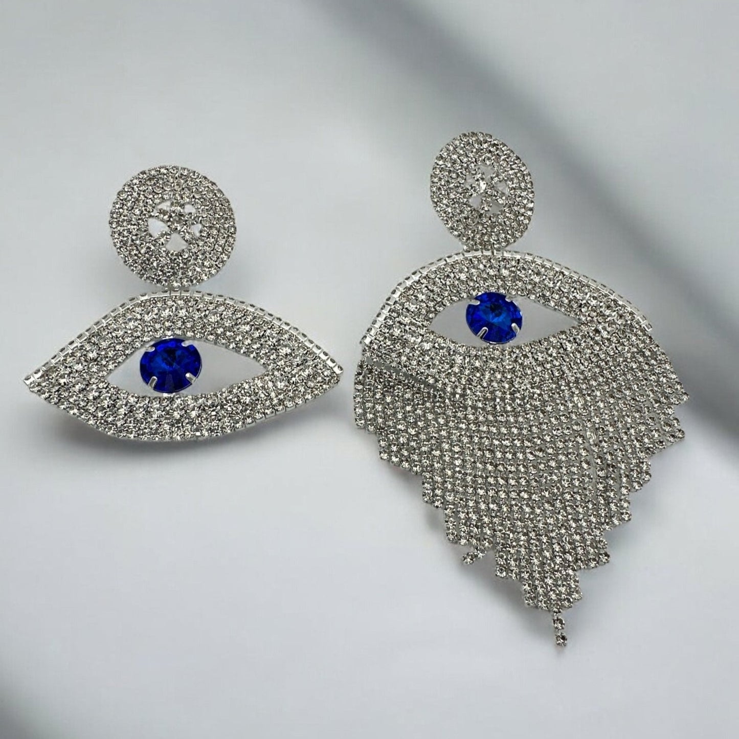 Gorgeous Asymmetrical Evil Eye Rhinestone Tassel Statement Stud Earrings - Fatisha Boutique