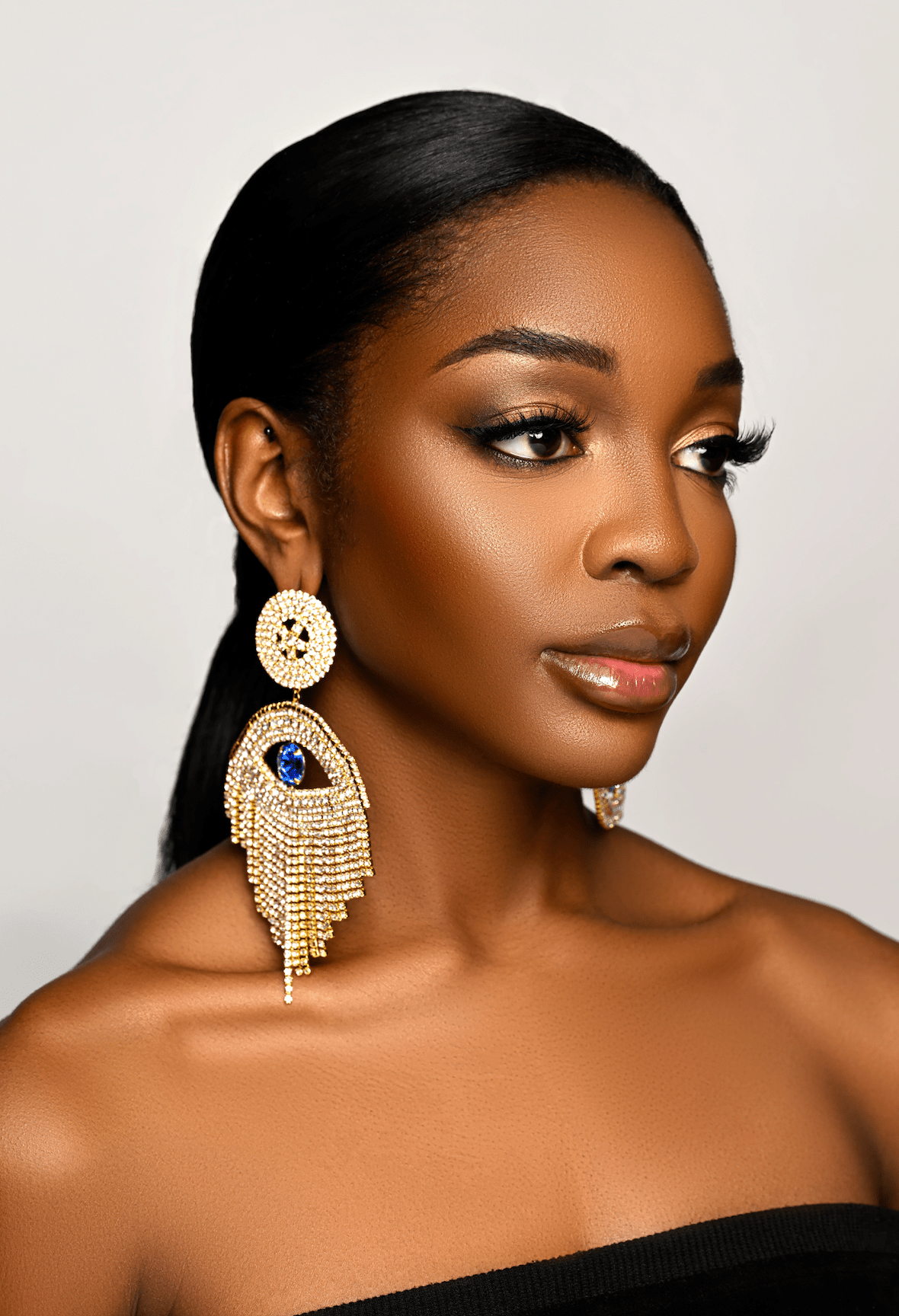 Gorgeous Asymmetrical Evil Eye Rhinestone Tassel Statement Stud Earrings - Fatisha Boutique