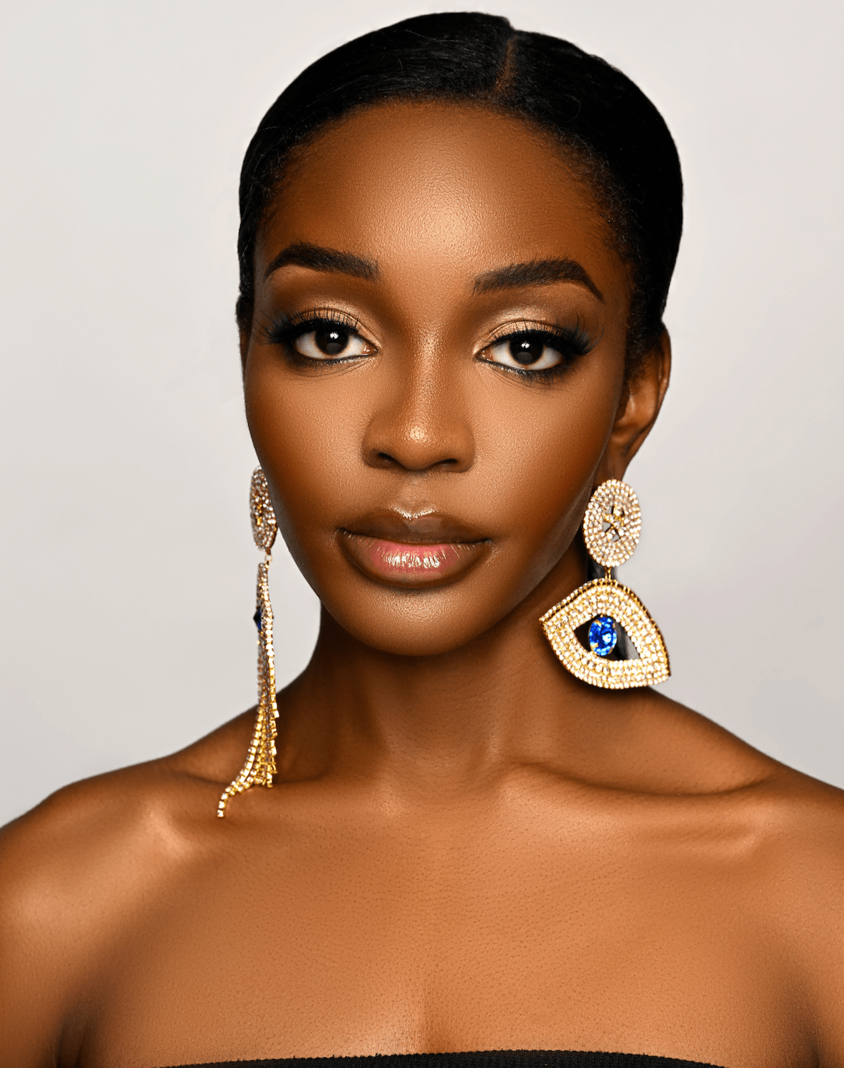 Gorgeous Asymmetrical Evil Eye Rhinestone Tassel Statement Stud Earrings - Fatisha Boutique
