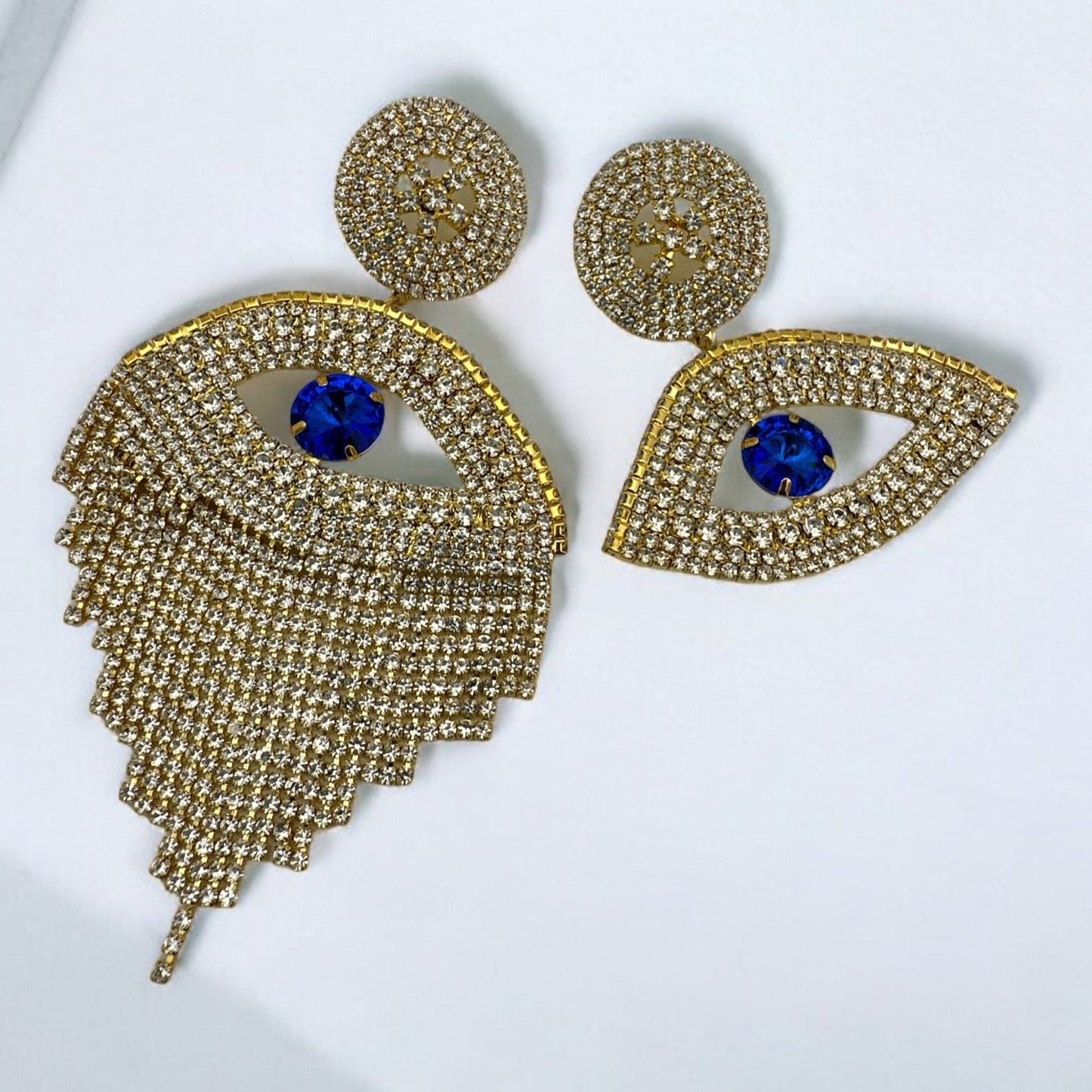 Gorgeous Asymmetrical Evil Eye Rhinestone Tassel Statement Stud Earrings - Fatisha Boutique
