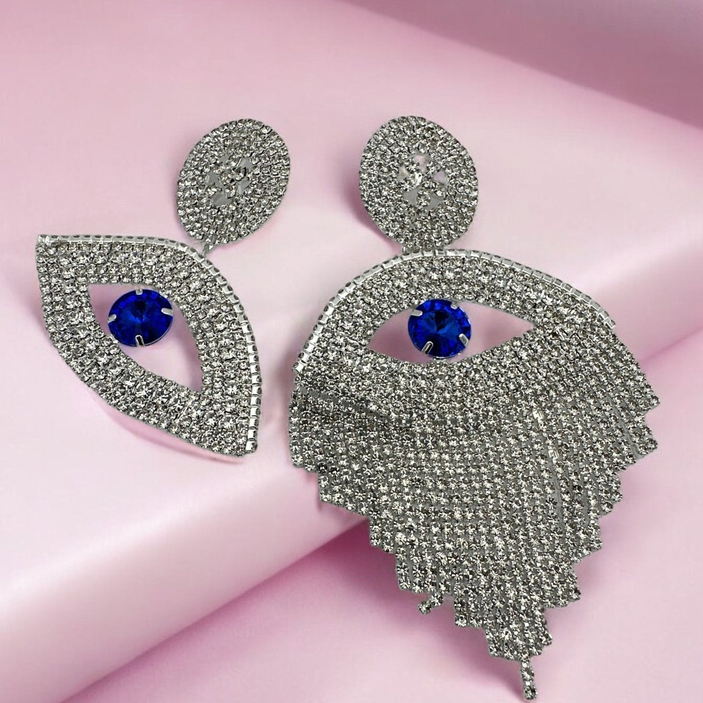 Gorgeous Asymmetrical Evil Eye Rhinestone Tassel Statement Stud Earrings - Fatisha Boutique