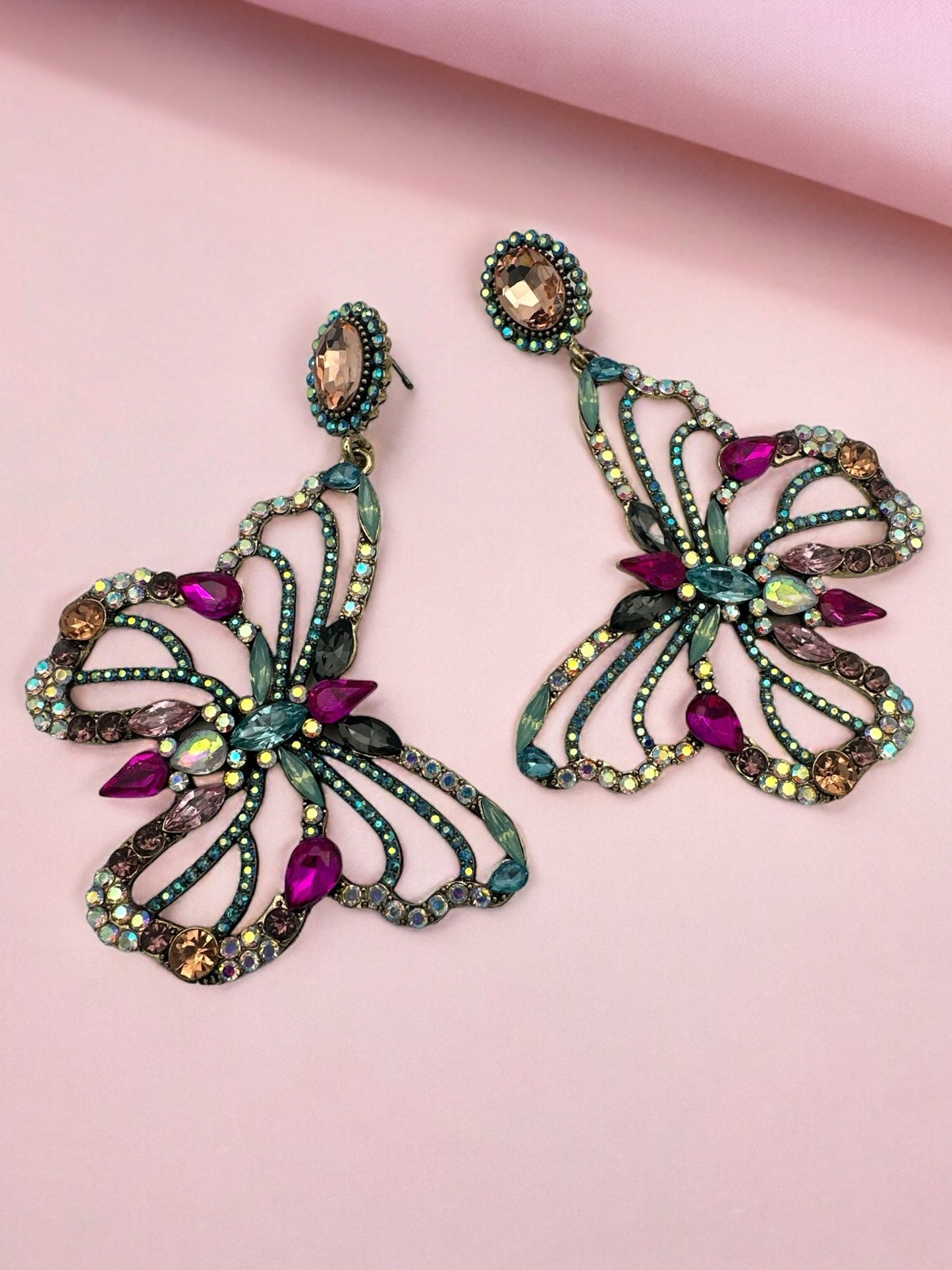 Gorgeous Multicolour Rhinestones Crystal Butterfly Statement Dangling Earrings - Fatisha Boutique