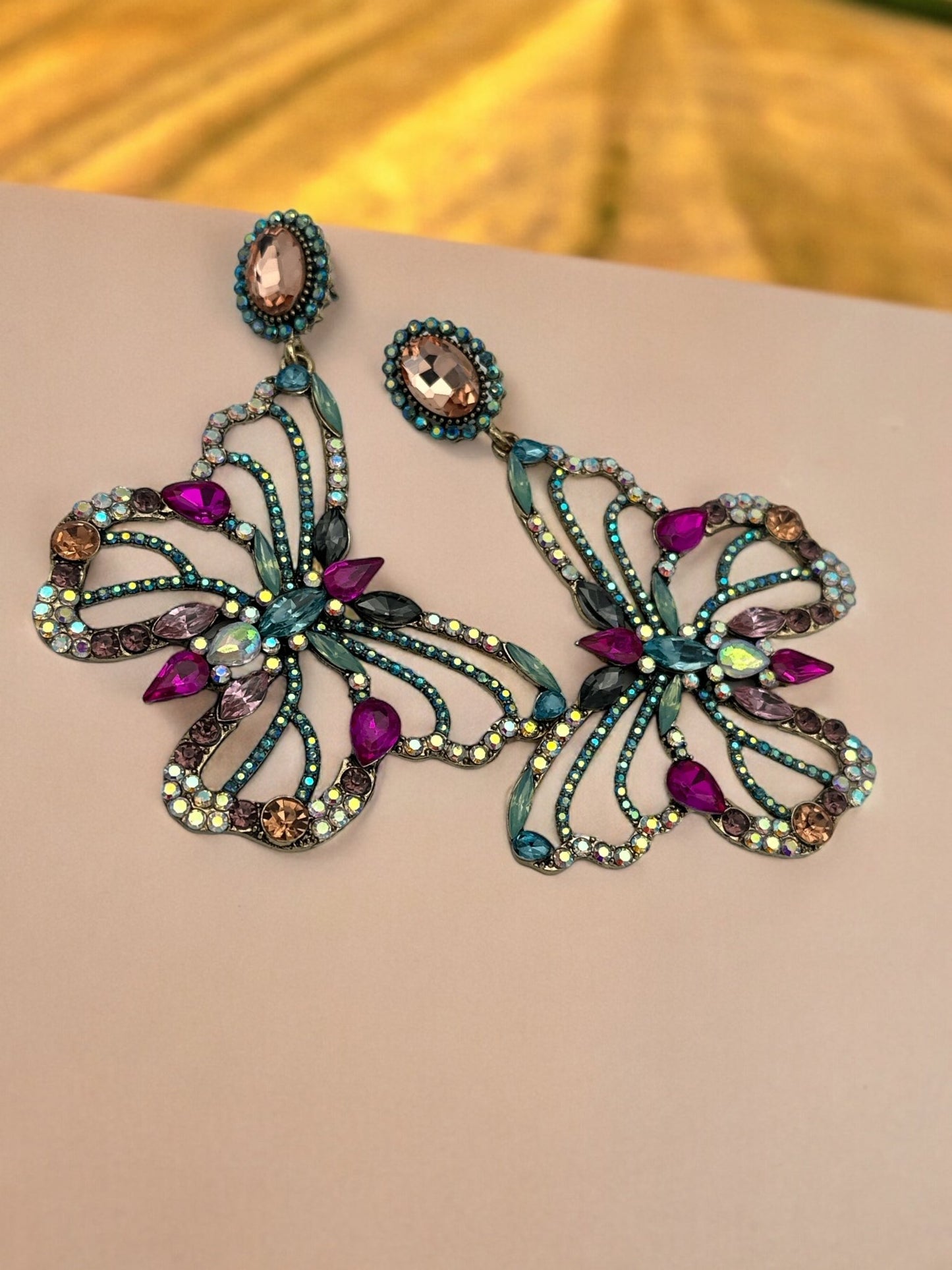 Gorgeous Multicolour Rhinestones Crystal Butterfly Statement Dangling Earrings - Fatisha Boutique