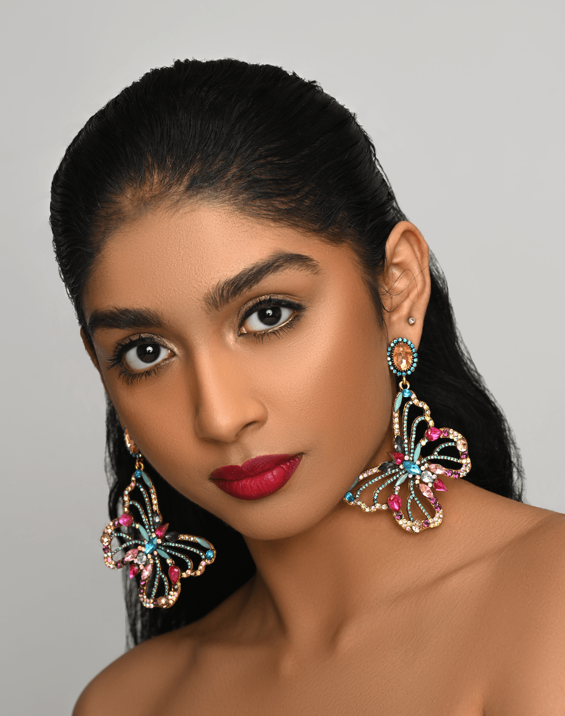 Gorgeous Multicolour Rhinestones Crystal Butterfly Statement Dangling Earrings - Fatisha Boutique