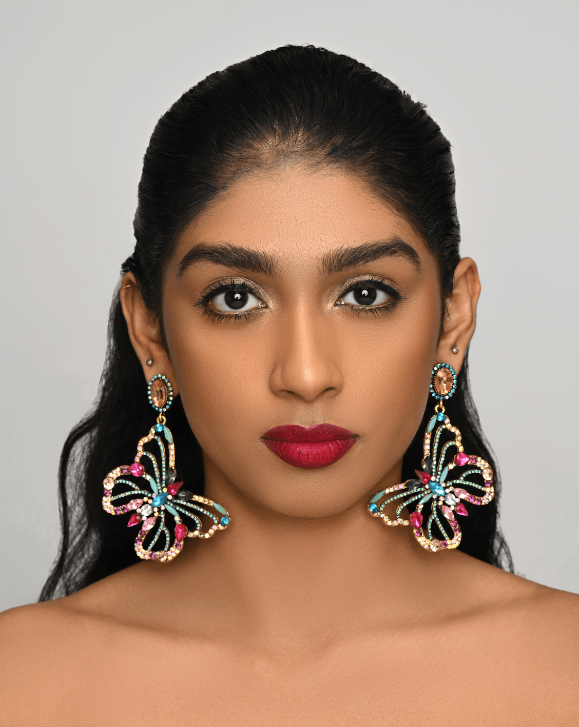 Gorgeous Multicolour Rhinestones Crystal Butterfly Statement Dangling Earrings - Fatisha Boutique