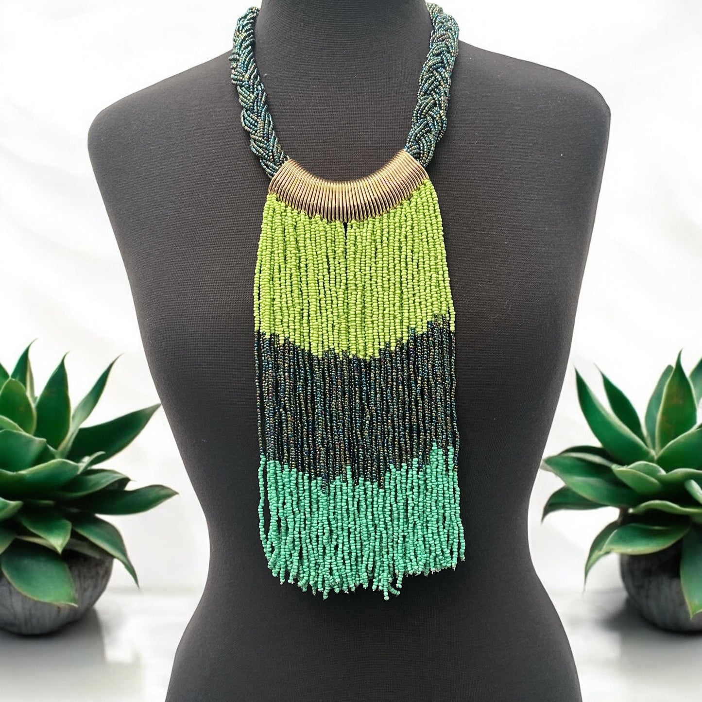 Green & Black African Beaded Necklace – Handmade Tribal Fringe Jewellery - Fatisha Boutique