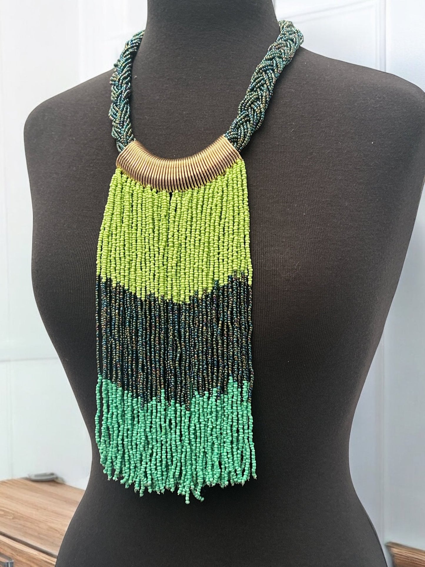 Green & Black African Beaded Necklace – Handmade Tribal Fringe Jewellery - Fatisha Boutique