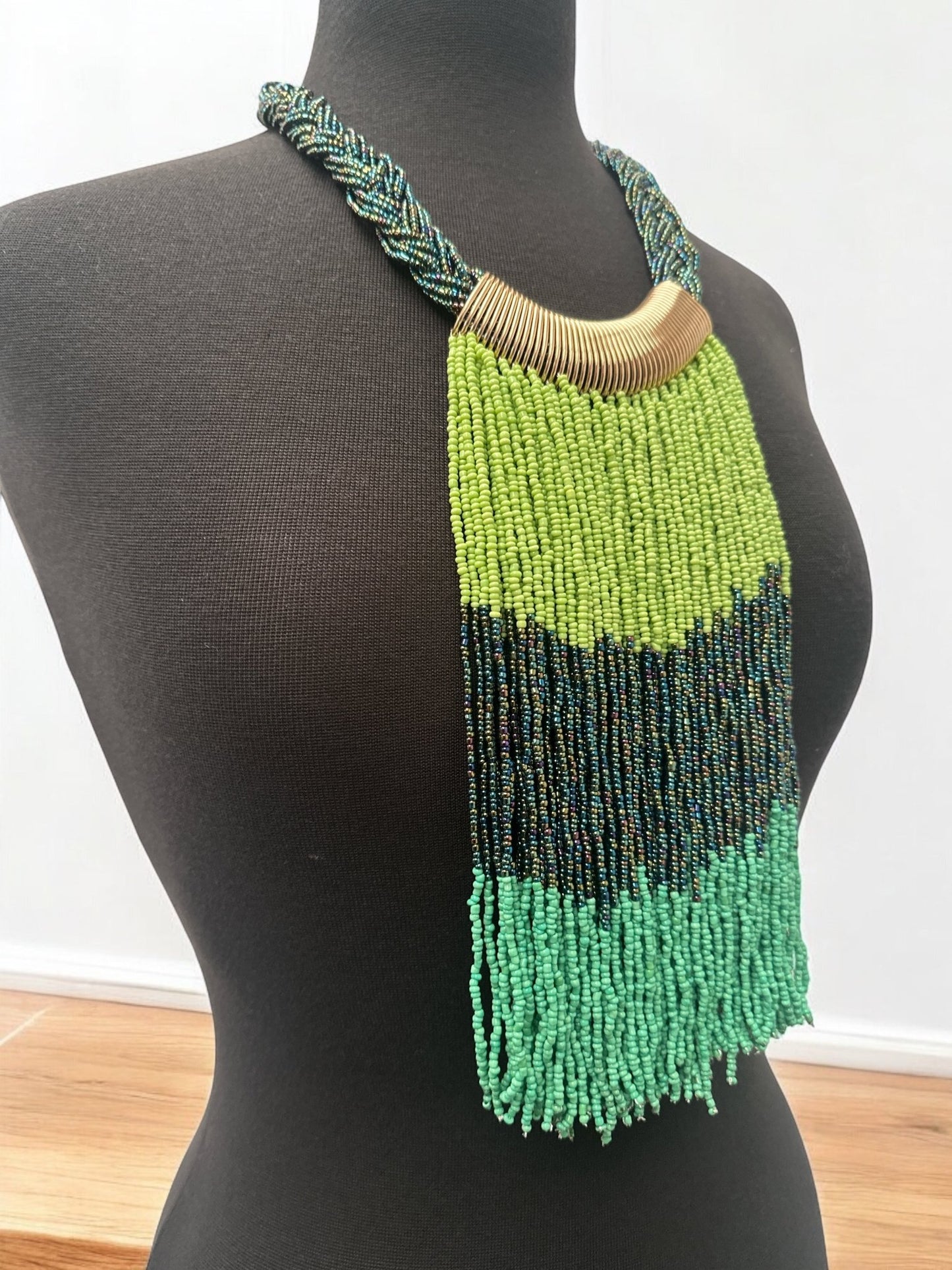 Green & Black African Beaded Necklace – Handmade Tribal Fringe Jewellery - Fatisha Boutique