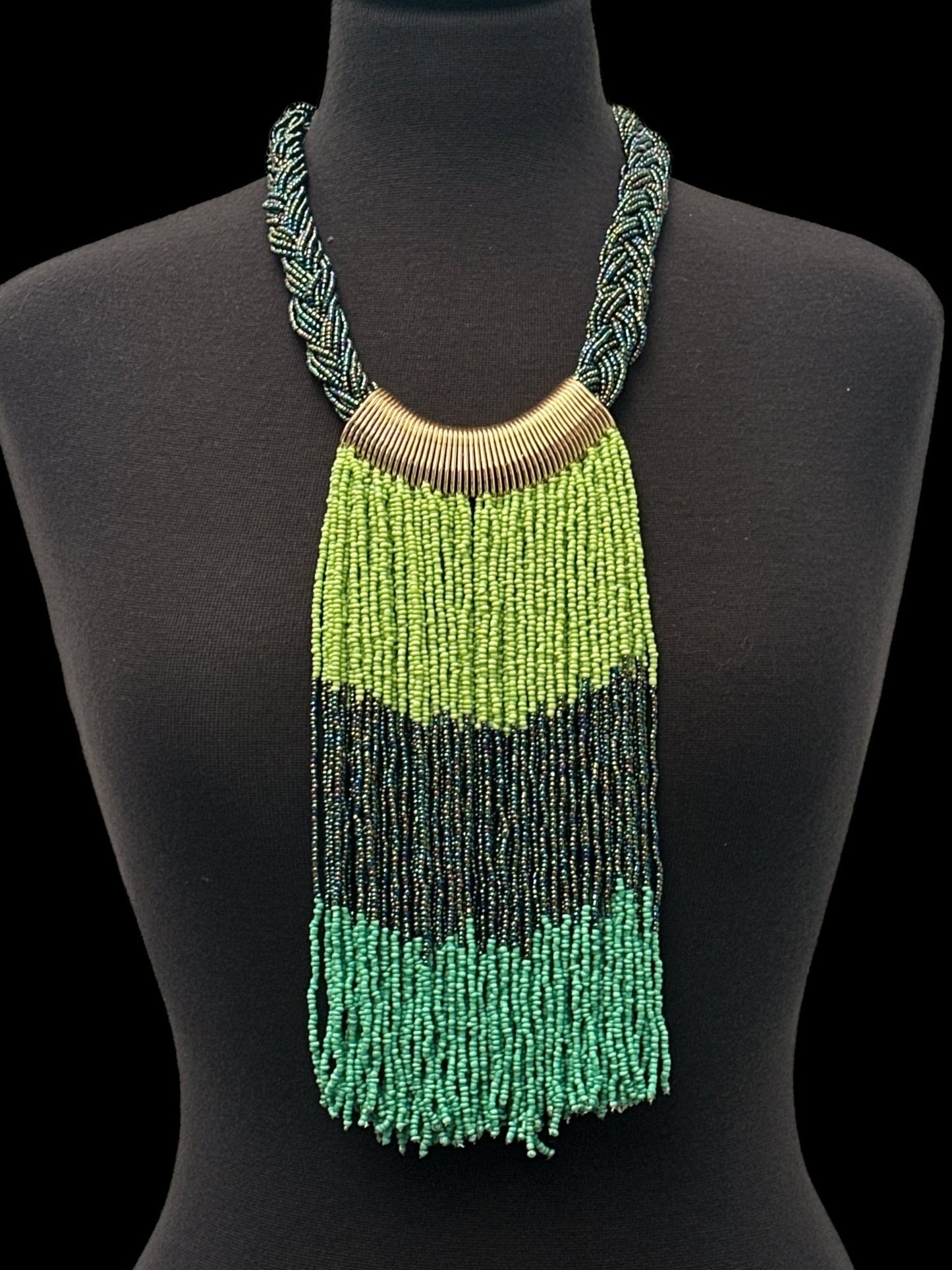 Green & Black African Beaded Necklace – Handmade Tribal Fringe Jewellery - Fatisha Boutique