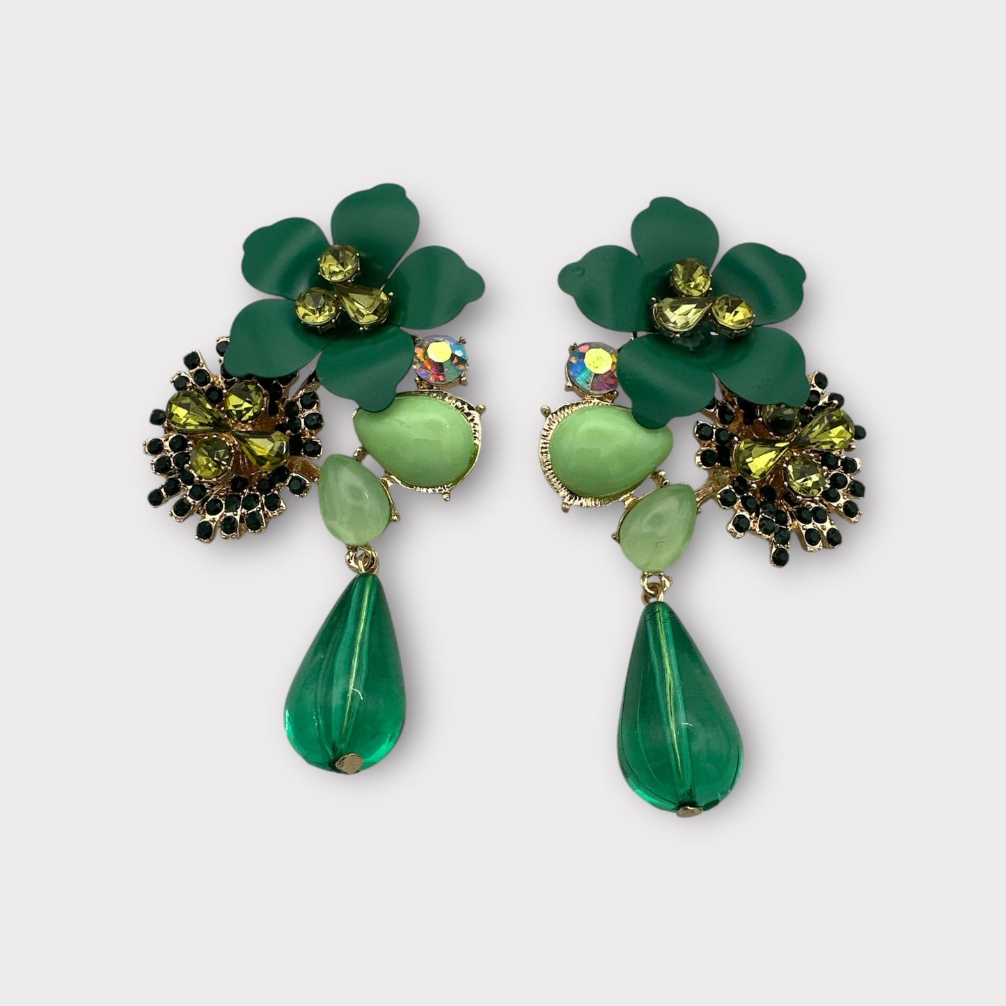 Green Floral Statement Crystal Drop Earrings - Fatisha Boutique