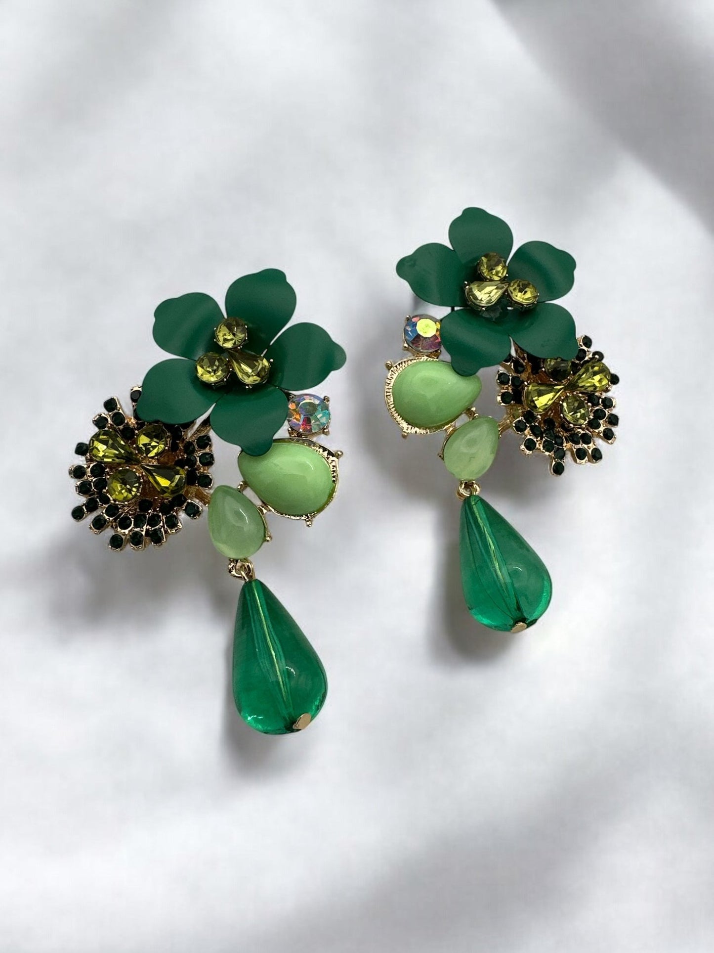 Green Floral Statement Crystal Drop Earrings - Fatisha Boutique