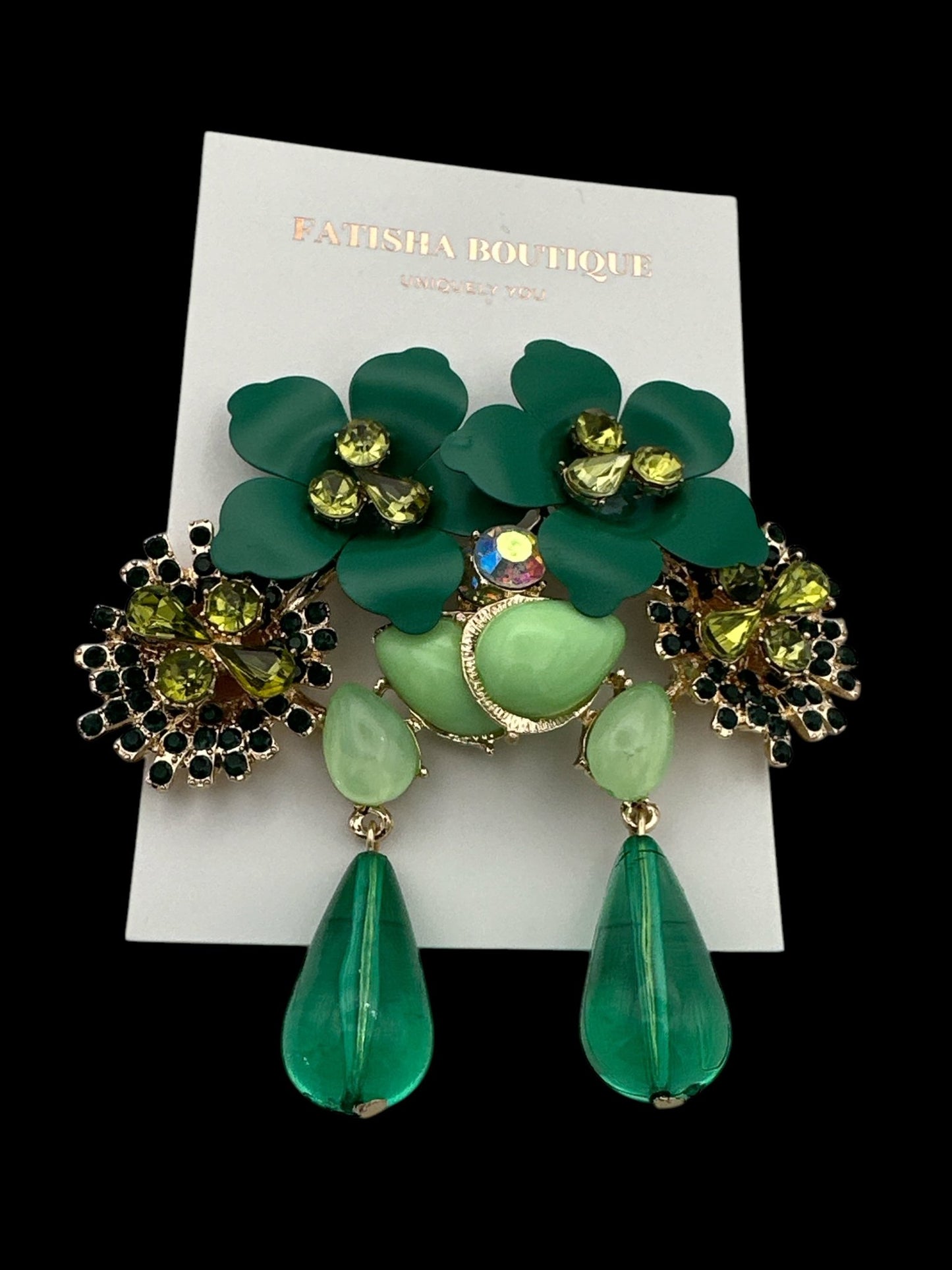 Green Floral Statement Crystal Drop Earrings - Fatisha Boutique