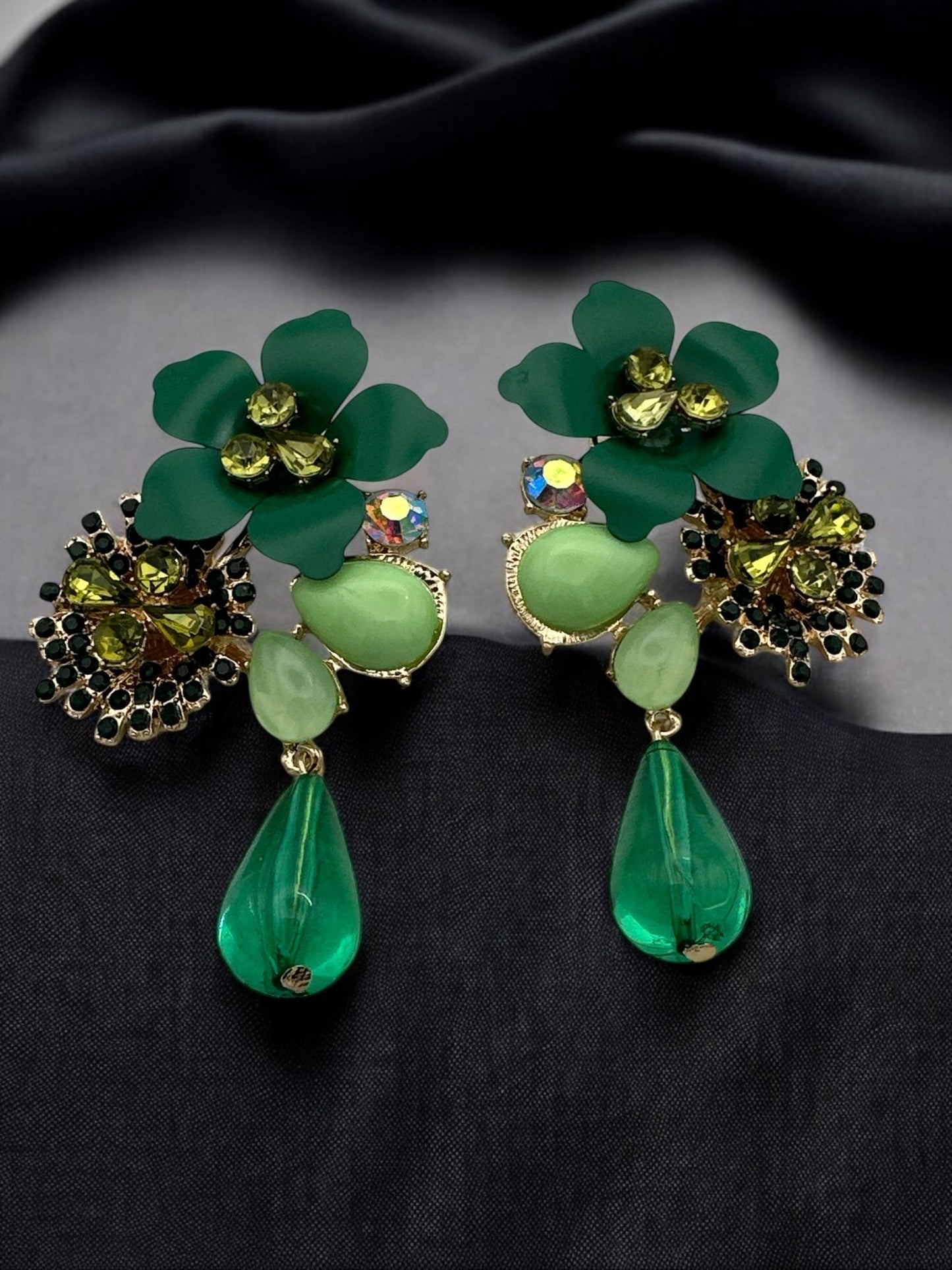 Green Floral Statement Crystal Drop Earrings - Fatisha Boutique