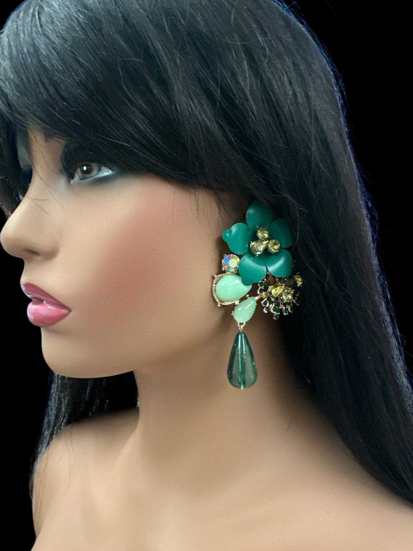 Green Floral Statement Crystal Drop Earrings - Fatisha Boutique