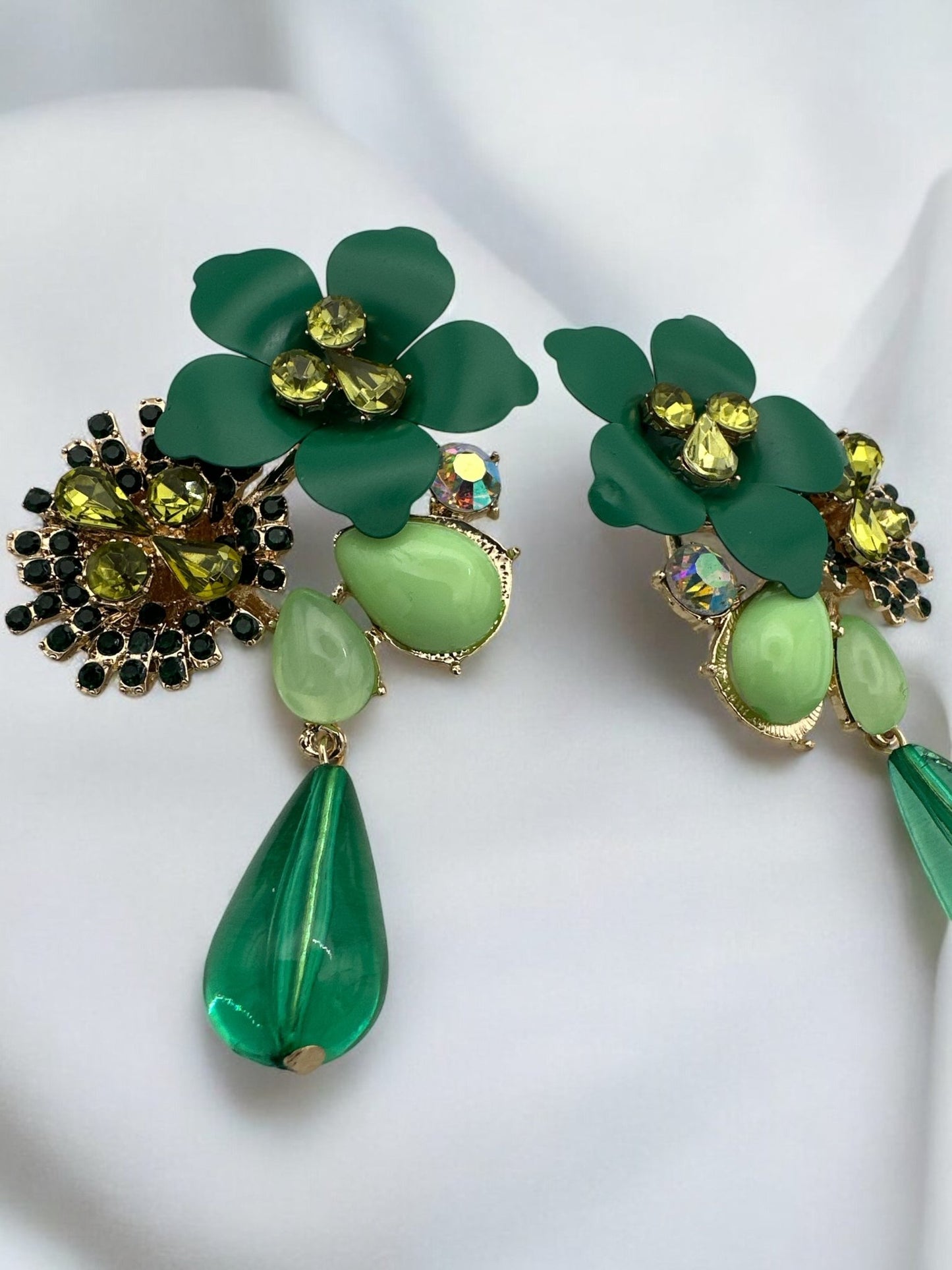Green Floral Statement Crystal Drop Earrings - Fatisha Boutique