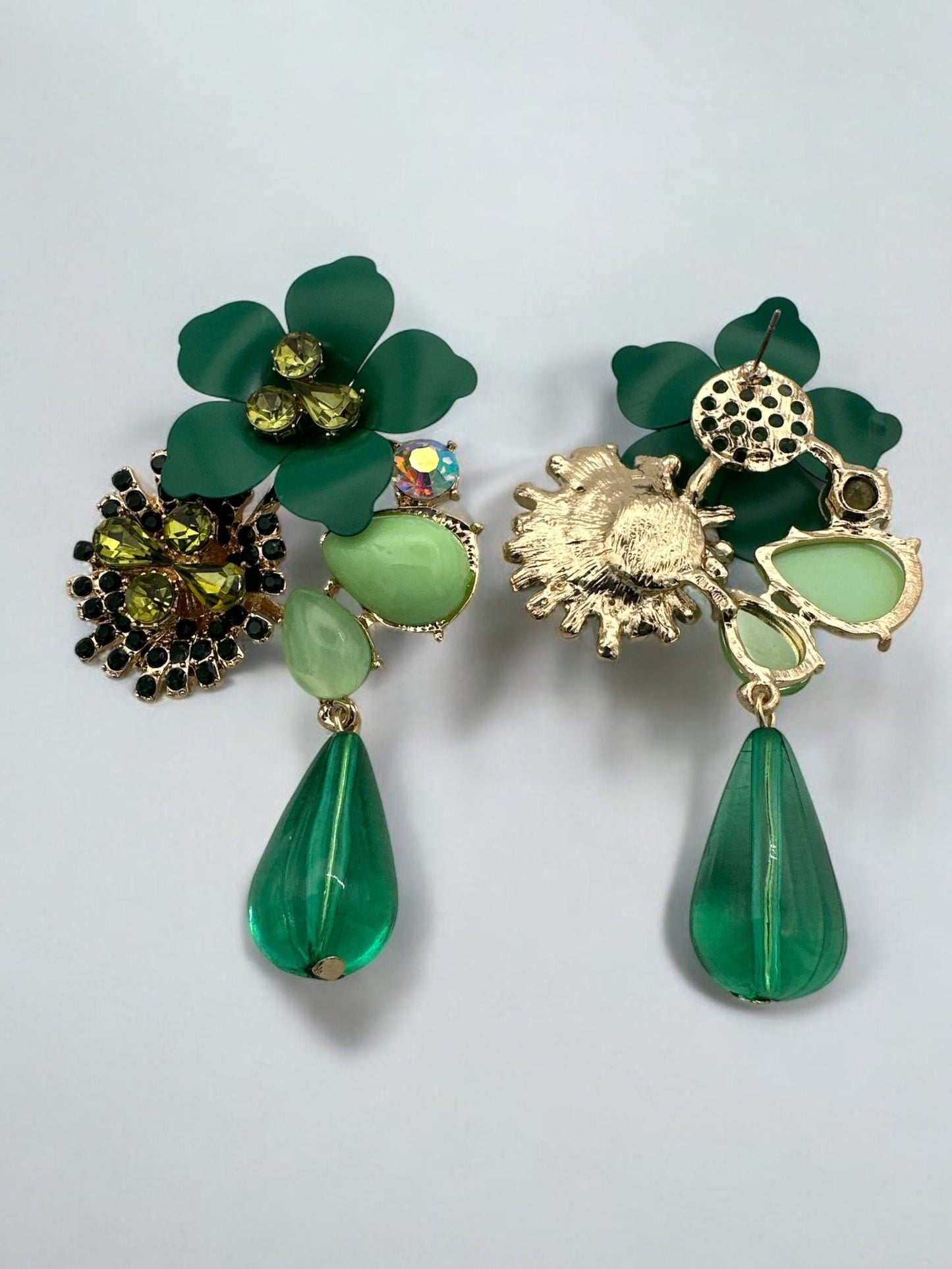 Green Floral Statement Crystal Drop Earrings - Fatisha Boutique