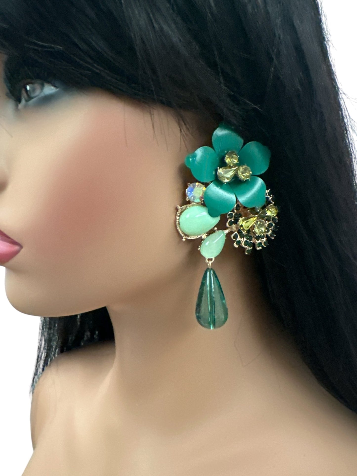 Green Floral Statement Crystal Drop Earrings - Fatisha Boutique