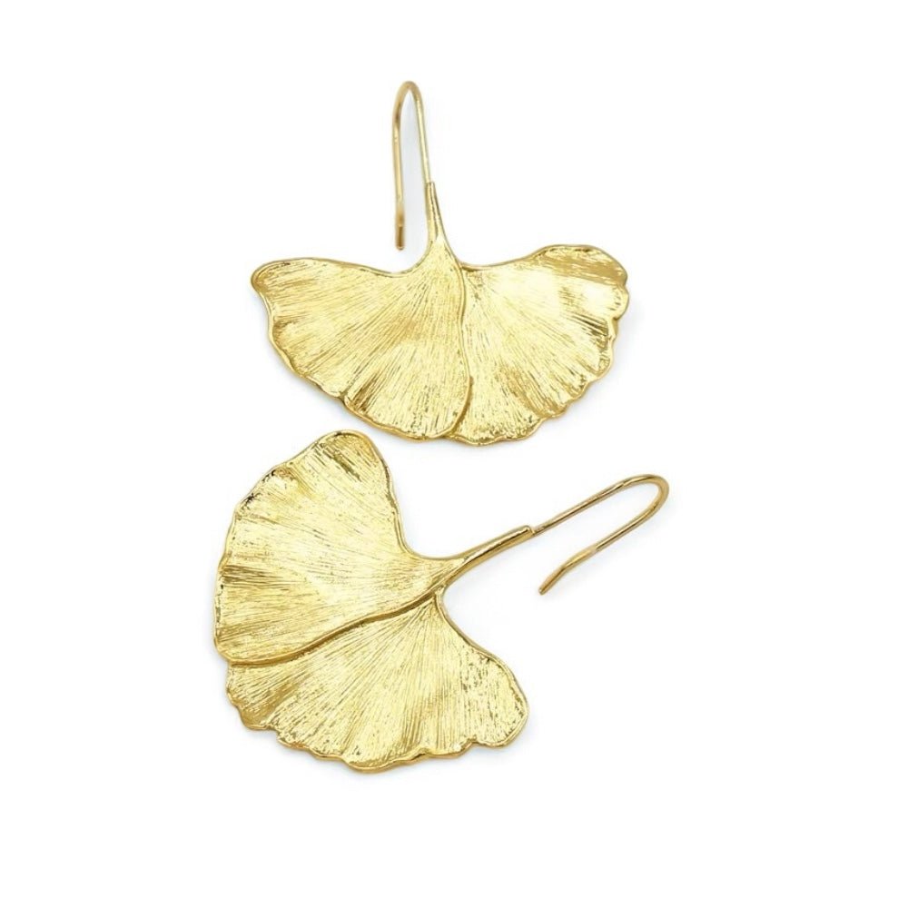 Hammered Ginkgo Leaf Drop Earrings – Gold Alloy Statement Jewellery - Fatisha Boutique