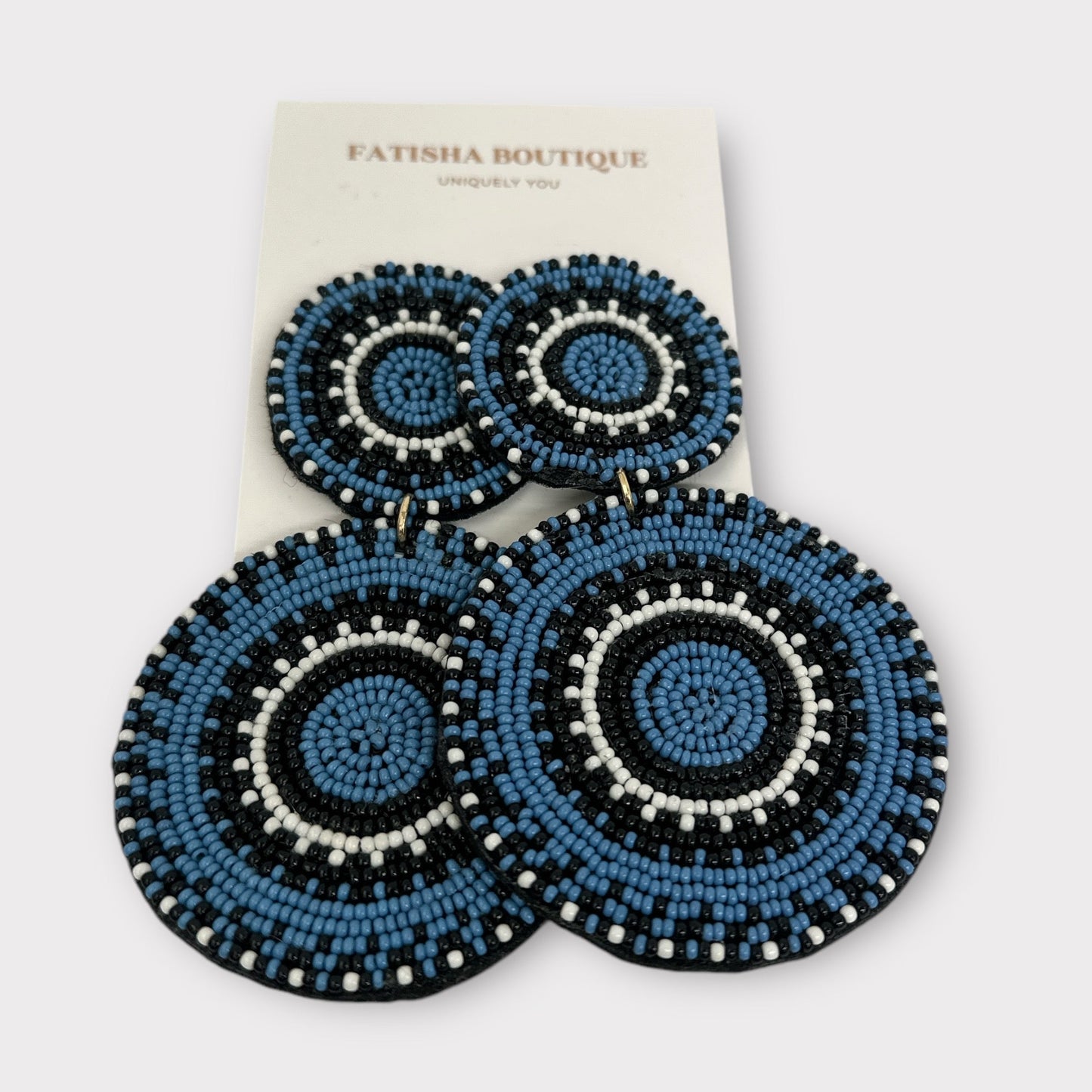 Handcrafted Boho Blue & Black Beaded Statement Earrings – Bold and Unique Tribal Design - Fatisha Boutique