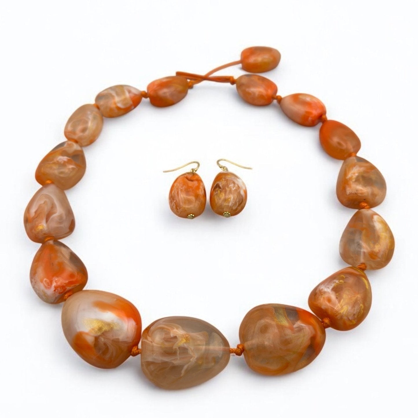 Handcrafted Boho Resin Bead Jewelry Set – Bold Orange Necklace and Earrings - Fatisha Boutique