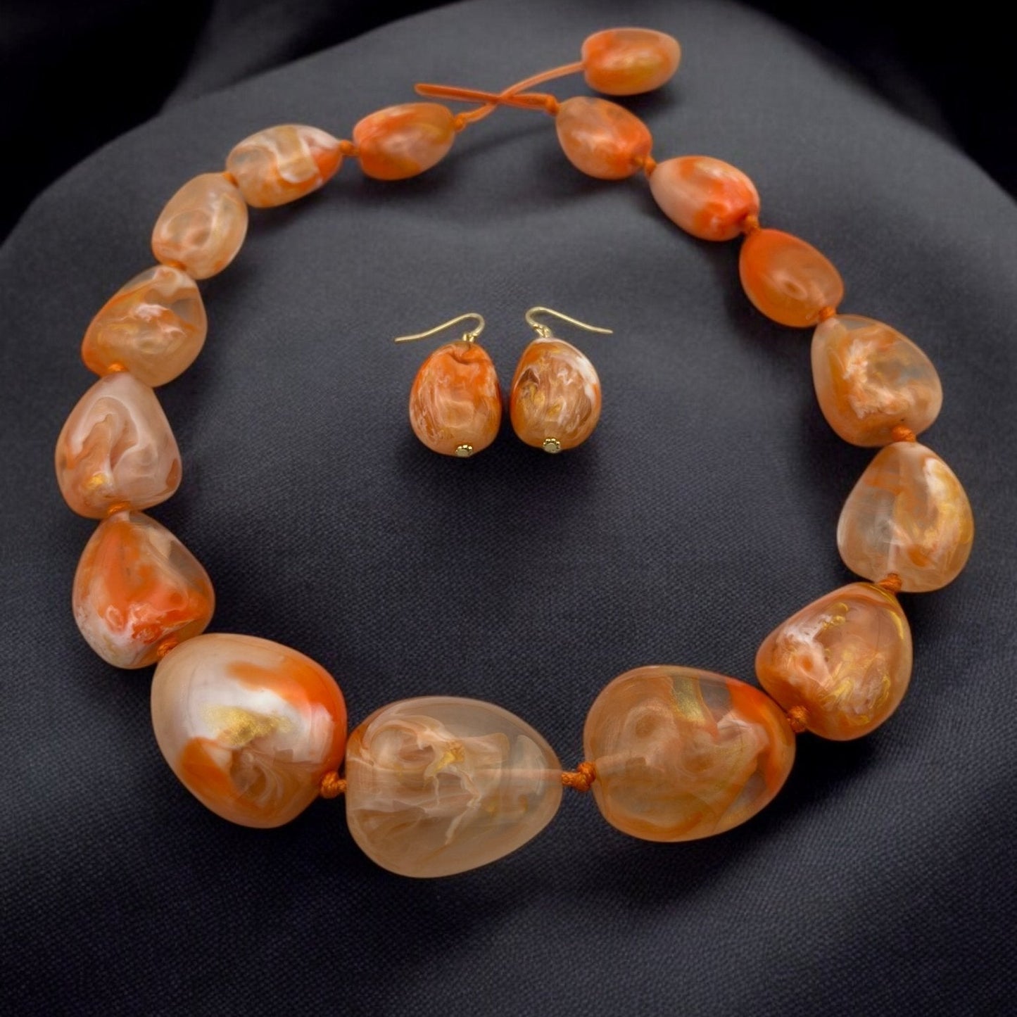 Handcrafted Boho Resin Bead Jewelry Set – Bold Orange Necklace and Earrings - Fatisha Boutique