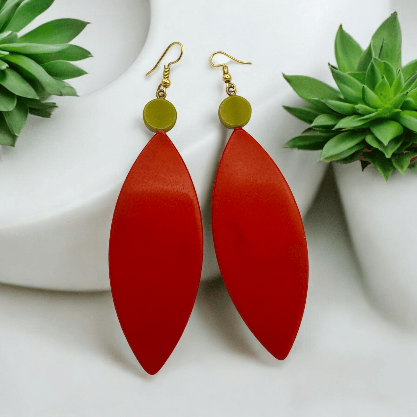 Handcrafted Long Dangle Resin Earrings - Bold Red and Green, Statement Earrings for Women - Fatisha Boutique