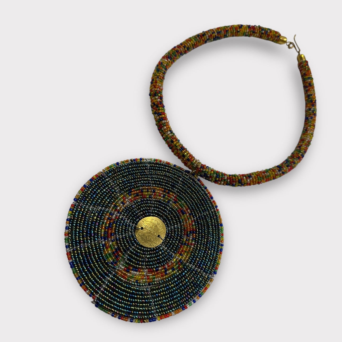 Handmade African Beaded Necklace with Round Pendant - Maasai - Inspired Tribal Jewellery - Fatisha Boutique