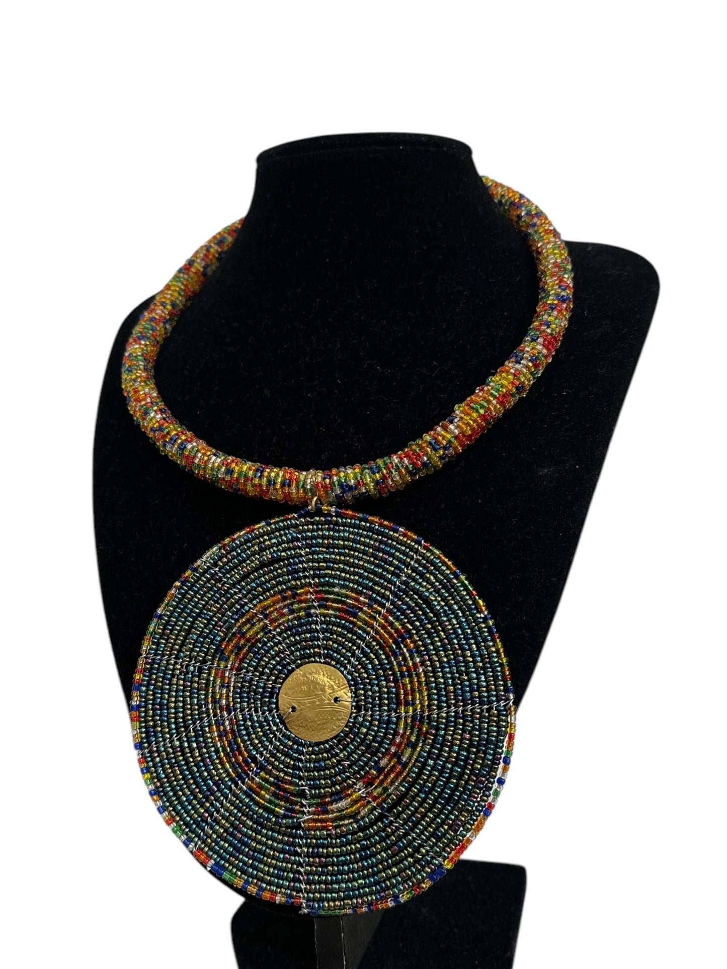 Handmade African Beaded Necklace with Round Pendant - Maasai - Inspired Tribal Jewellery - Fatisha Boutique