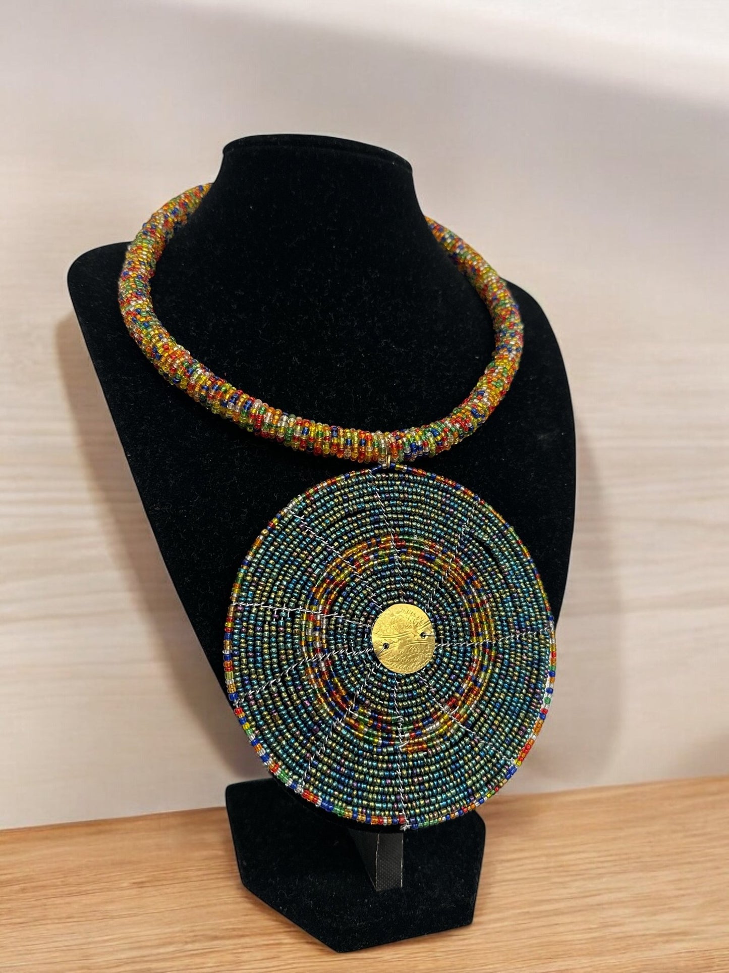Handmade African Beaded Necklace with Round Pendant - Maasai - Inspired Tribal Jewellery - Fatisha Boutique