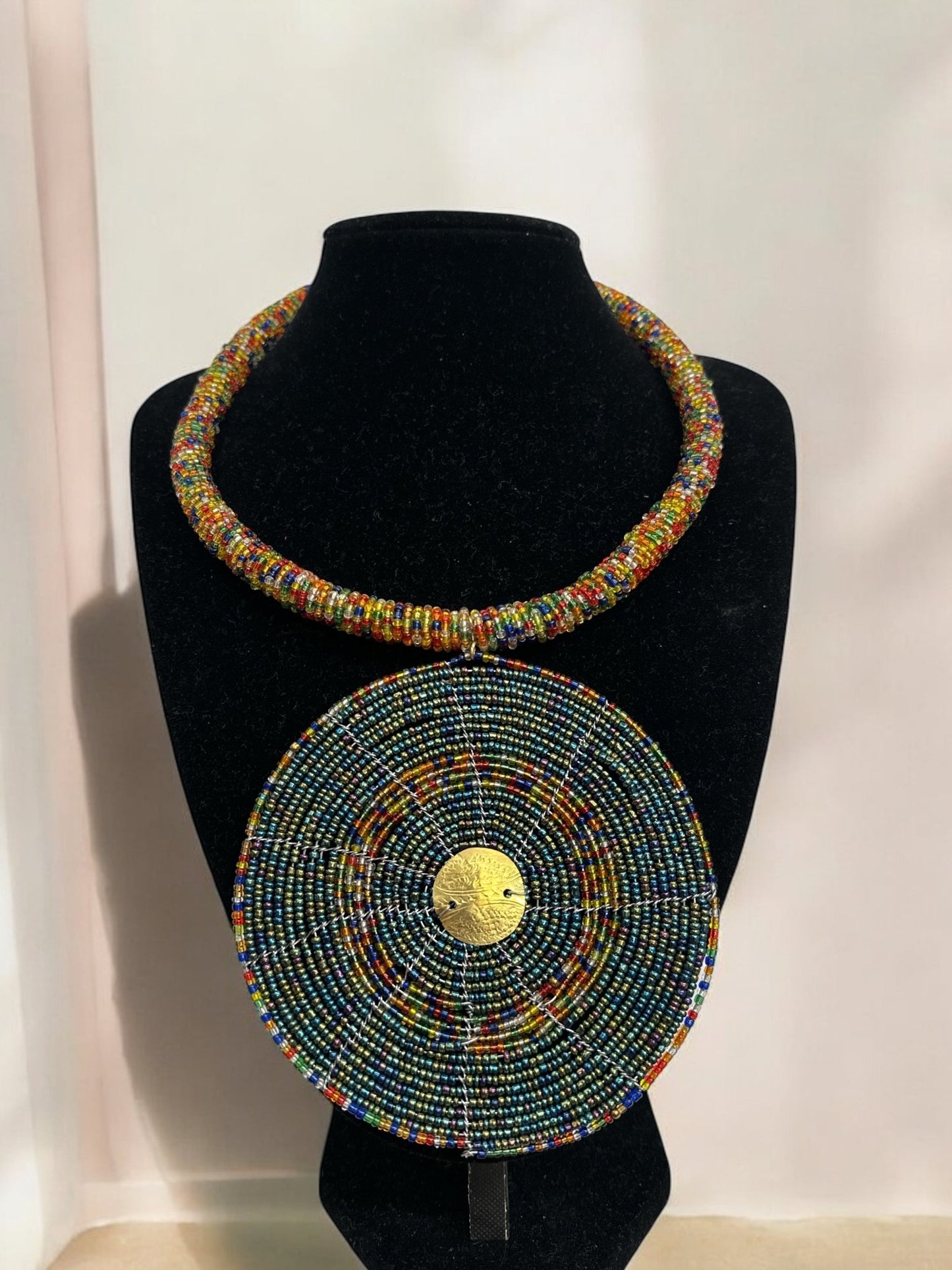 Handmade African Beaded Necklace with Round Pendant - Maasai - Inspired Tribal Jewellery - Fatisha Boutique
