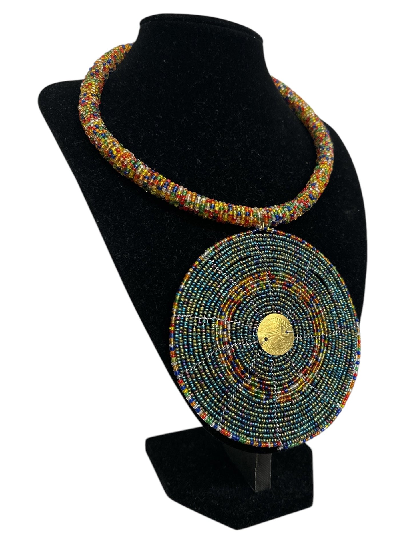 Handmade African Beaded Necklace with Round Pendant - Maasai - Inspired Tribal Jewellery - Fatisha Boutique