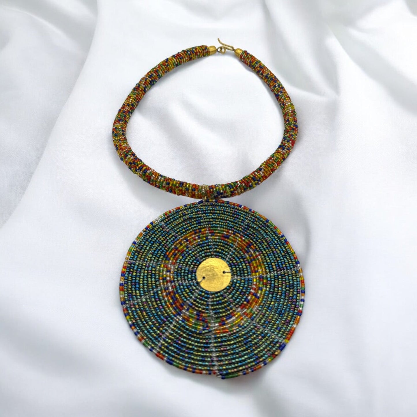 Handmade African Beaded Necklace with Round Pendant - Maasai - Inspired Tribal Jewellery - Fatisha Boutique
