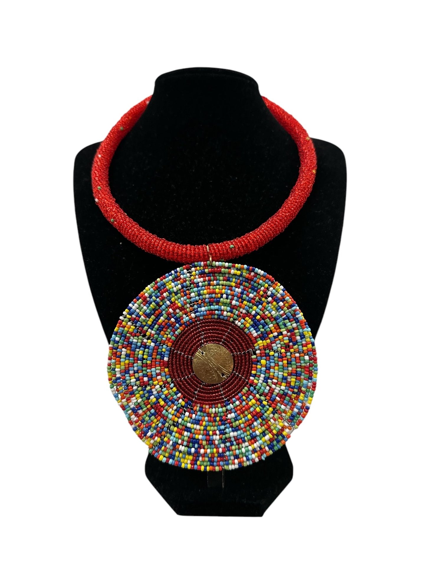 Handmade African Beaded Statement Necklace with Colourful Round Pendant - Fatisha Boutique