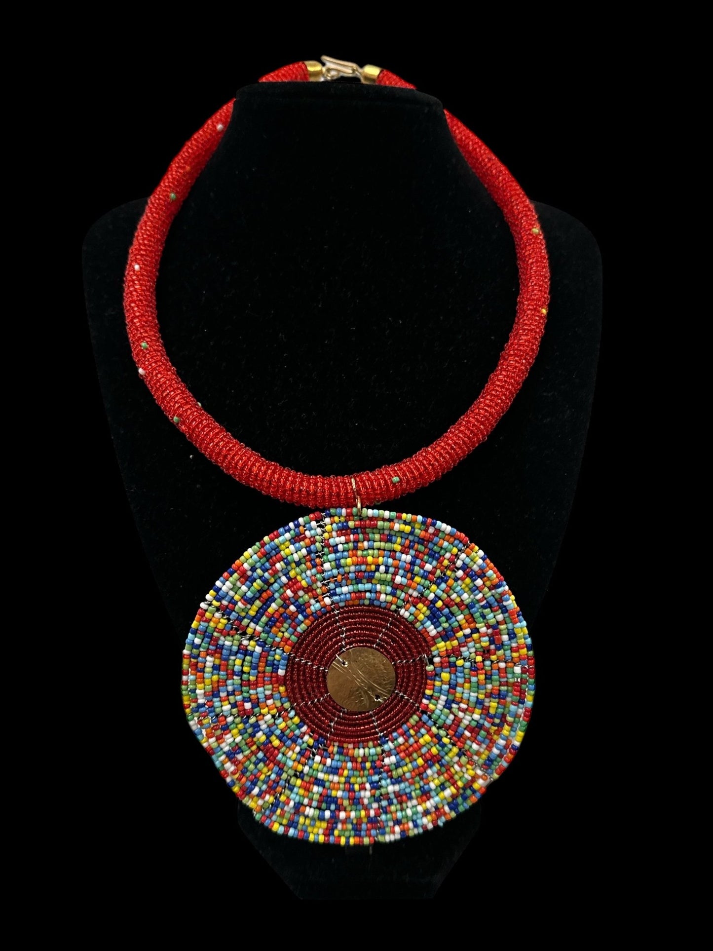Handmade African Beaded Statement Necklace with Colourful Round Pendant - Fatisha Boutique