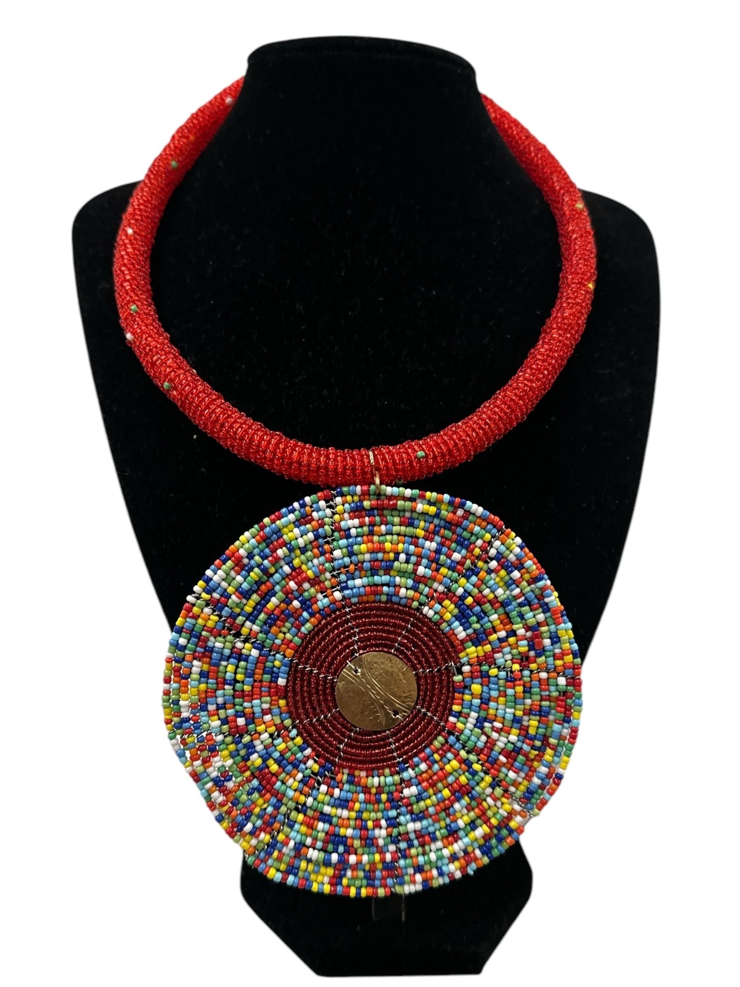 Handmade African Beaded Statement Necklace with Colourful Round Pendant - Fatisha Boutique