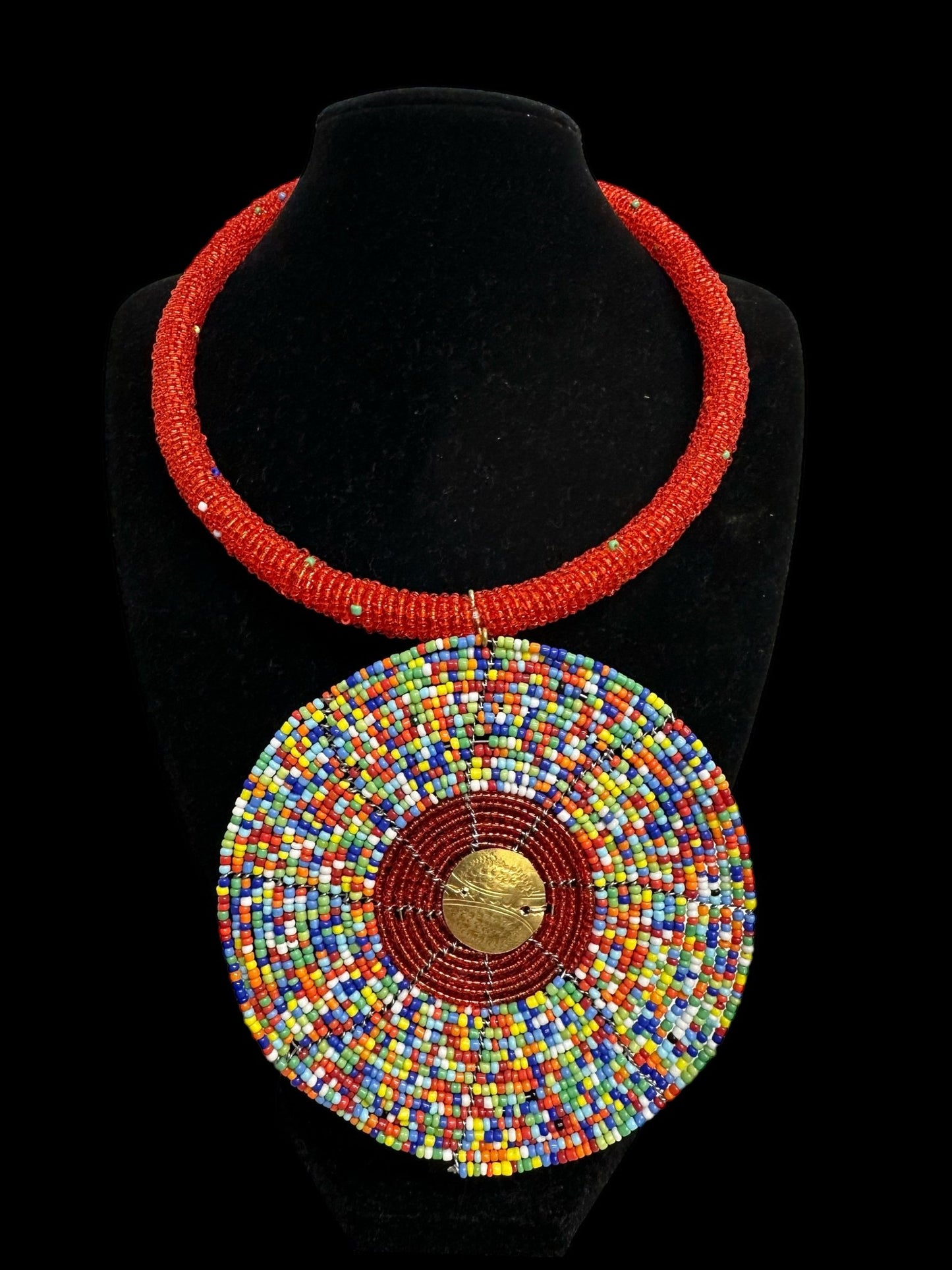 Handmade African Beaded Statement Necklace with Colourful Round Pendant - Fatisha Boutique