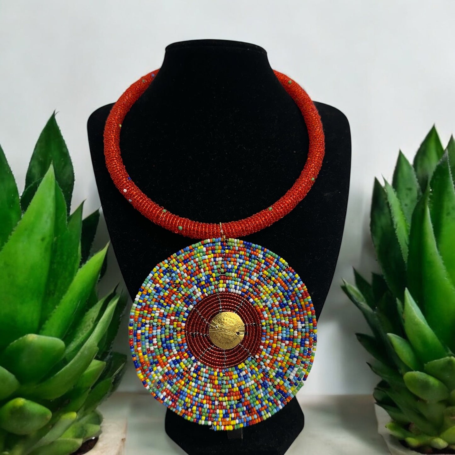 Handmade African Beaded Statement Necklace with Colourful Round Pendant - Fatisha Boutique
