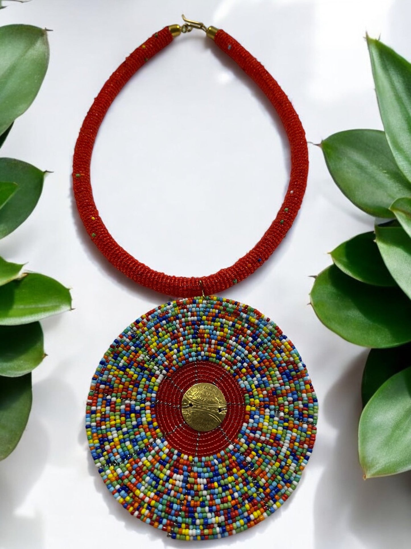 Handmade African Beaded Statement Necklace with Colourful Round Pendant - Fatisha Boutique