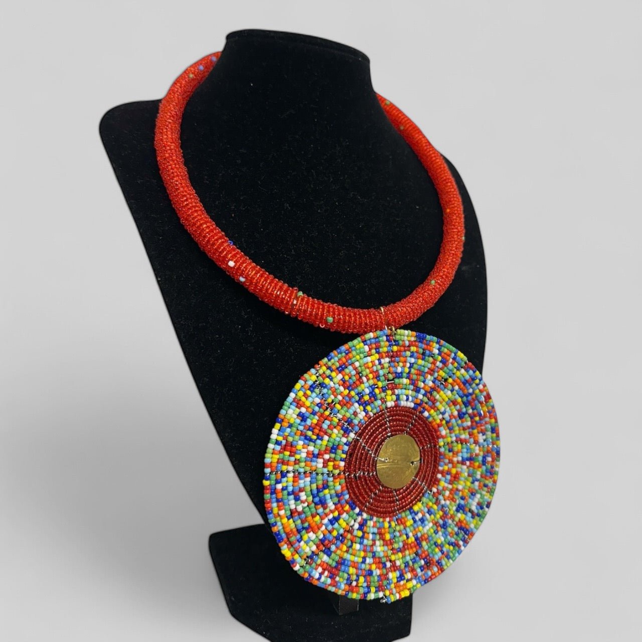Handmade African Beaded Statement Necklace with Colourful Round Pendant - Fatisha Boutique