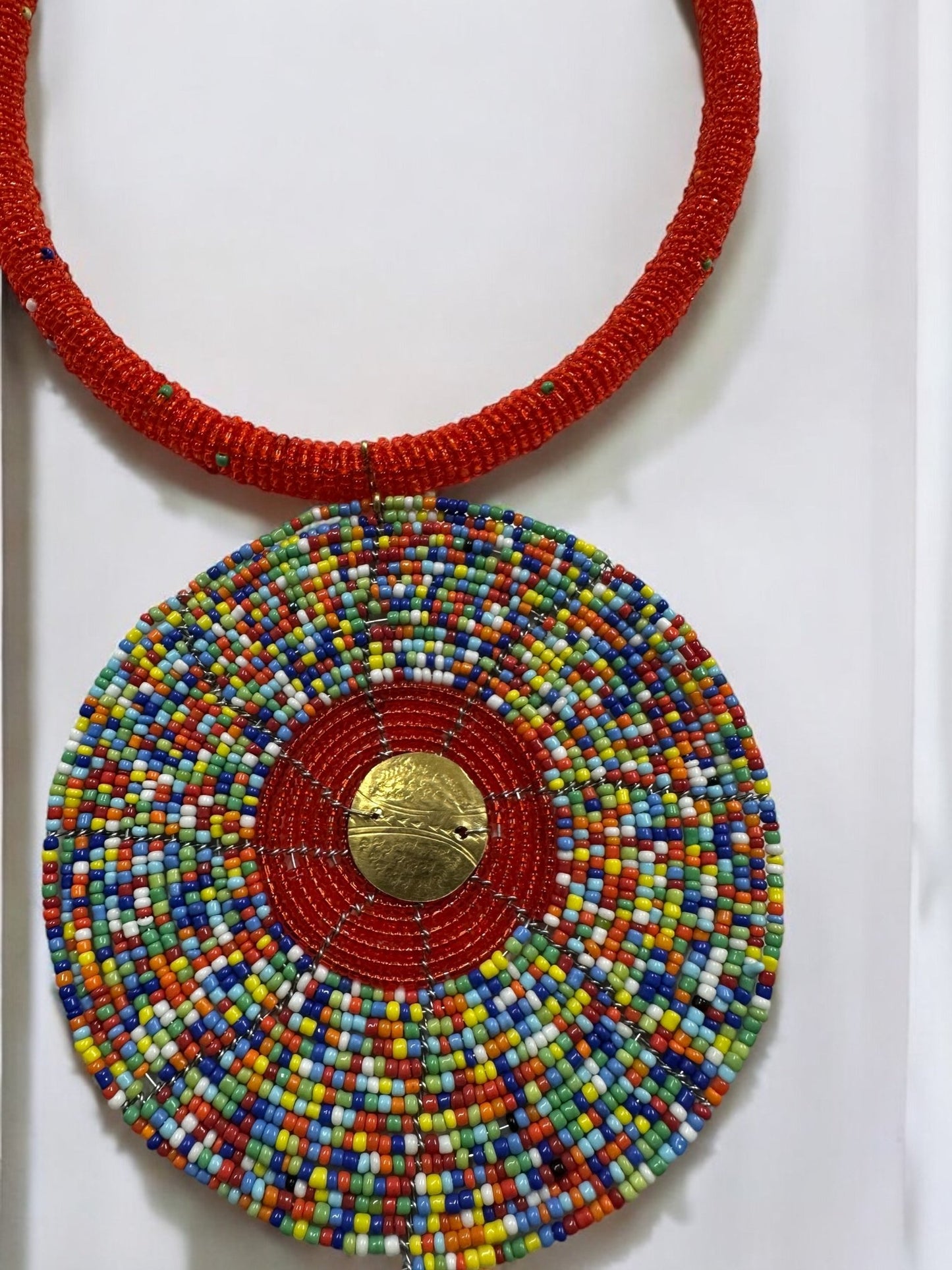 Handmade African Beaded Statement Necklace with Colourful Round Pendant - Fatisha Boutique