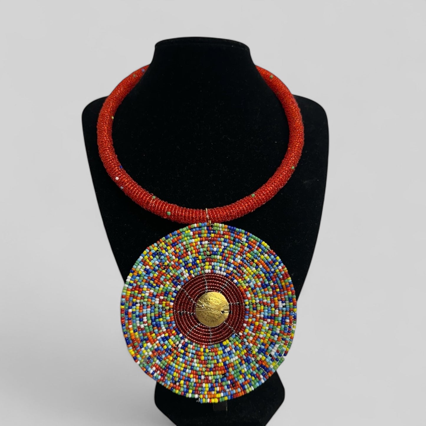 Handmade African Beaded Statement Necklace with Colourful Round Pendant - Fatisha Boutique